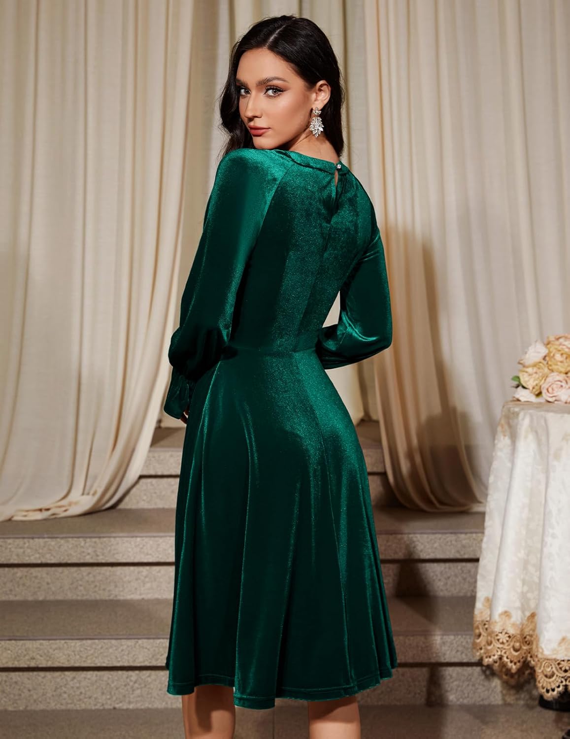 Bbonlinedress Velvet Sequin Cocktail Long Sleeve Dress for Women Velvet Vintage Wedding Guest Midi Dress - Image 3