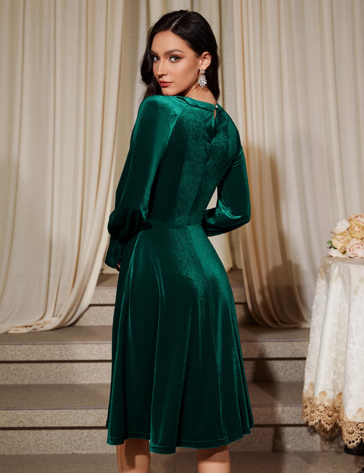 Bbonlinedress Robe de Soirée Cocktail à Manches Longues en Velours à Paillettes pour Femme Robe Midi Vintage pour Mariage invitée