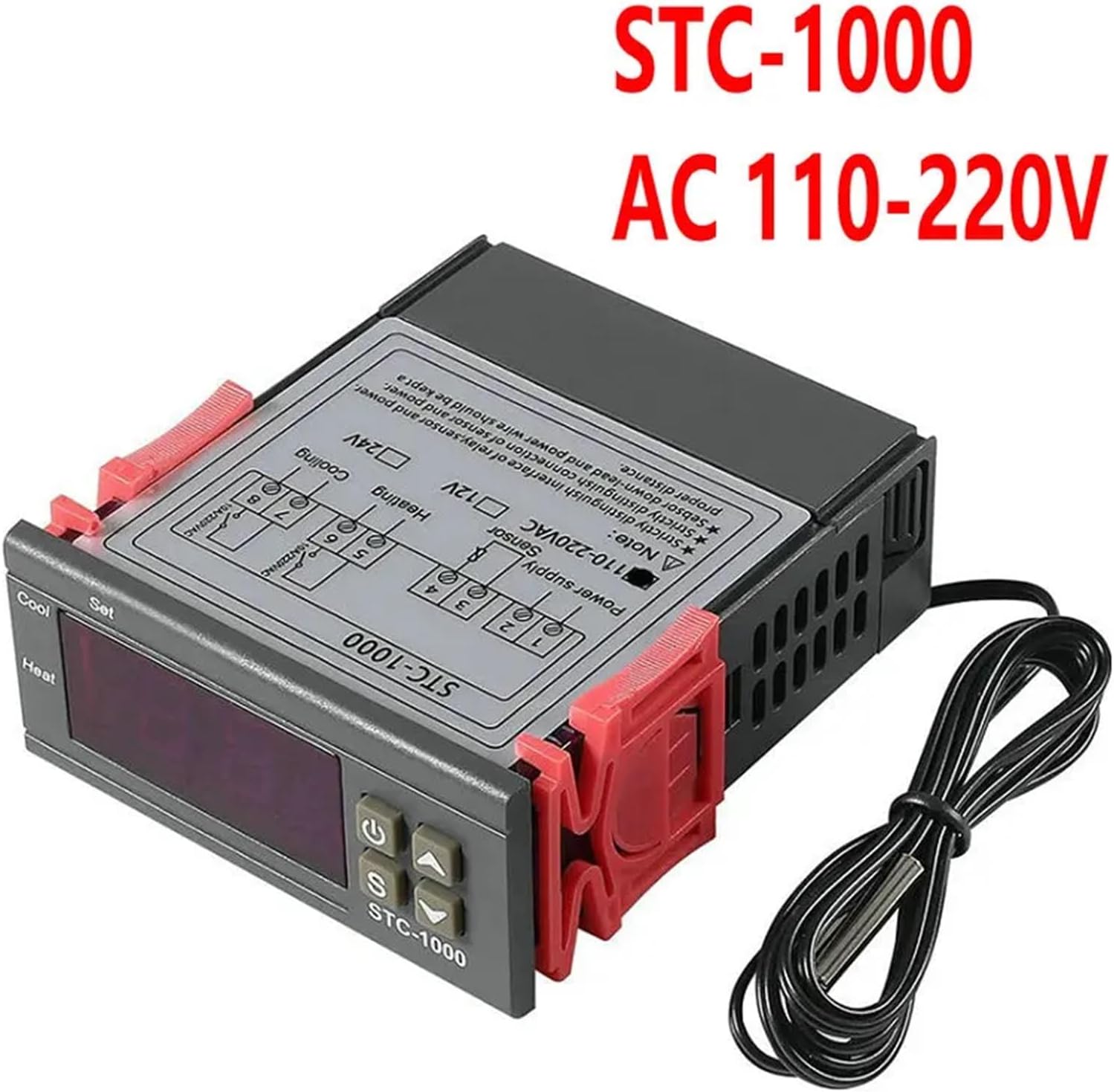 ESSISH STC-1000 Digital Thermostat front and back view with wiring diagram