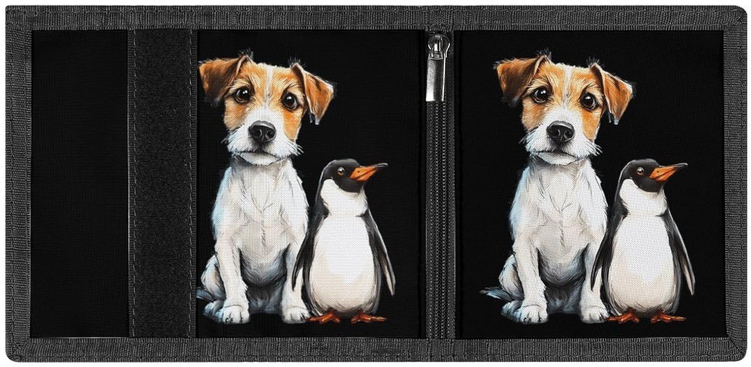 Jack Russell Terrier Dog And Penguins Trifold Slim Wallet Front Pocket With Money Clip And ID Credit Card Slots For Travel Work