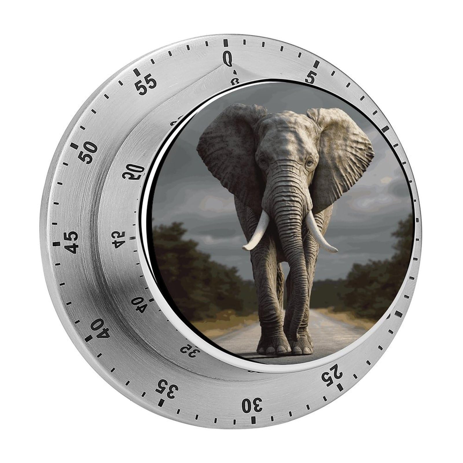 Mechanical Kitchen Timer with Magnetic Back, Stainless Steel Manual 3D Elephant Printed Timer for Cooking and Time Management