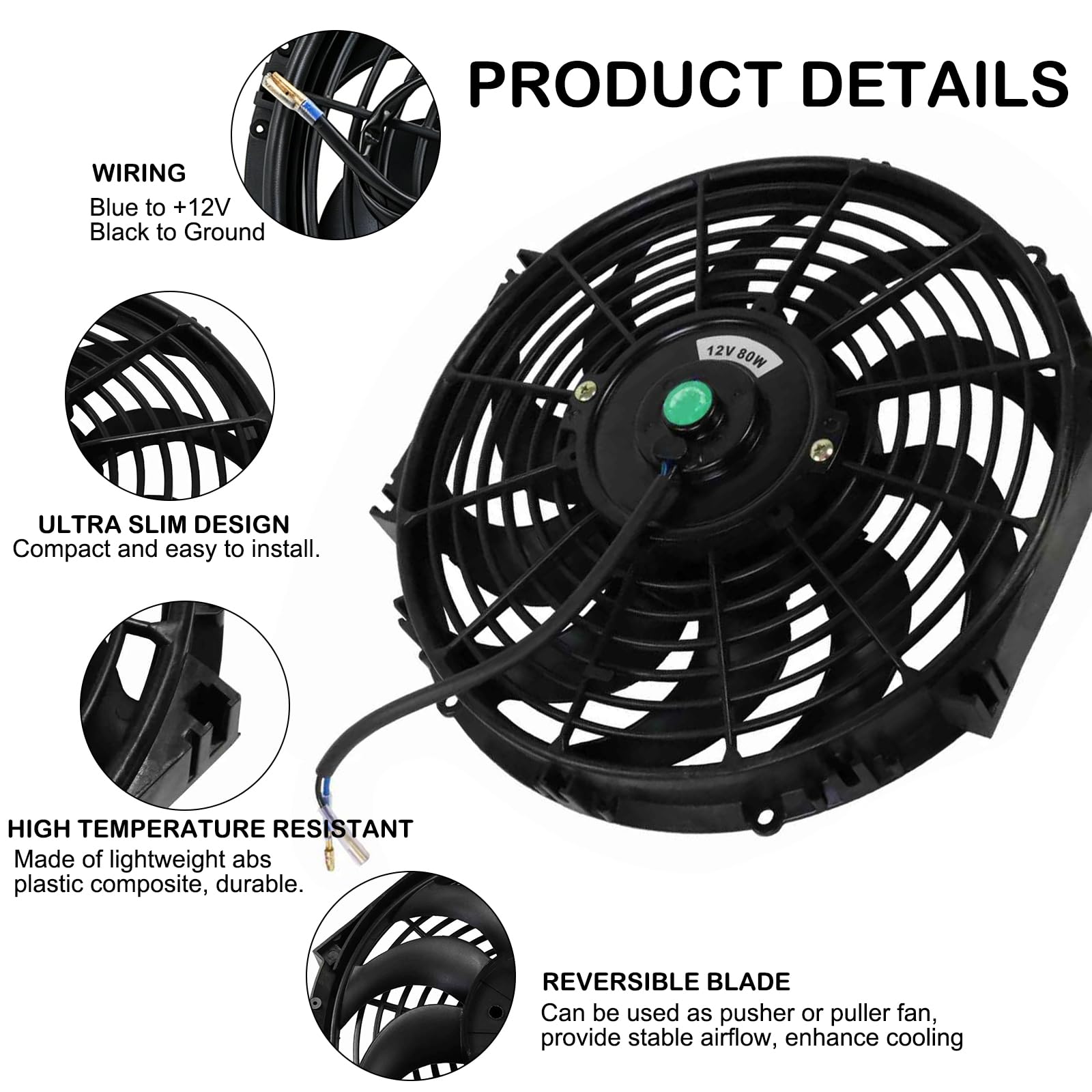 12V 80W Universal Kühlerlüfter, 12 Zoll Auto Kühlerlüfter, ABS Elektrischer Lüfter mit Montagesatz für den gesamten Motorraum Kühler A/C Ladeluftkühler Öl System