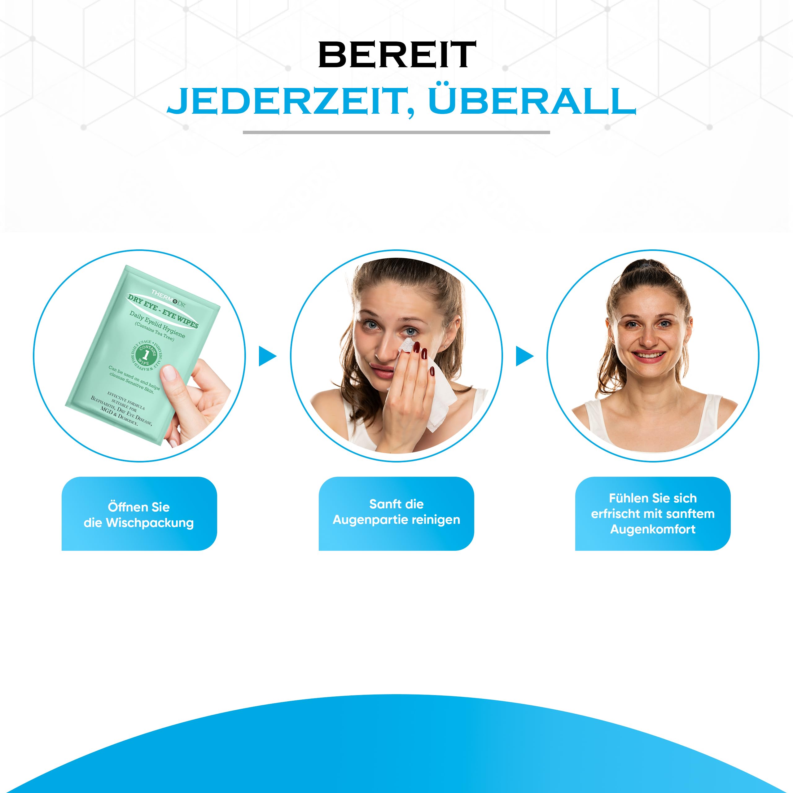 Feuchte Reinigungstücher für Trockene Augen - Tränenfrei & Duftstofffrei, Teebaumöl Augen Pads für erfrischte strahlende Augen - Augen Cleaning Wipes von ThermoDR - 30 Stück