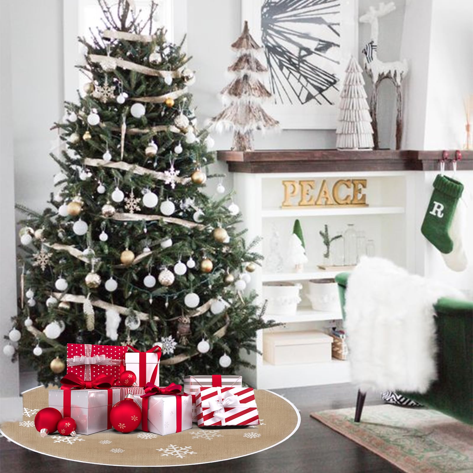 Gonna Albero di Natale Gonna per Albero di Natale Beige con Fiocco Di Neve Bianco Stampato Tappeto Rotondo per Albero di Natale Gonna per Albero di Natale 120 cm