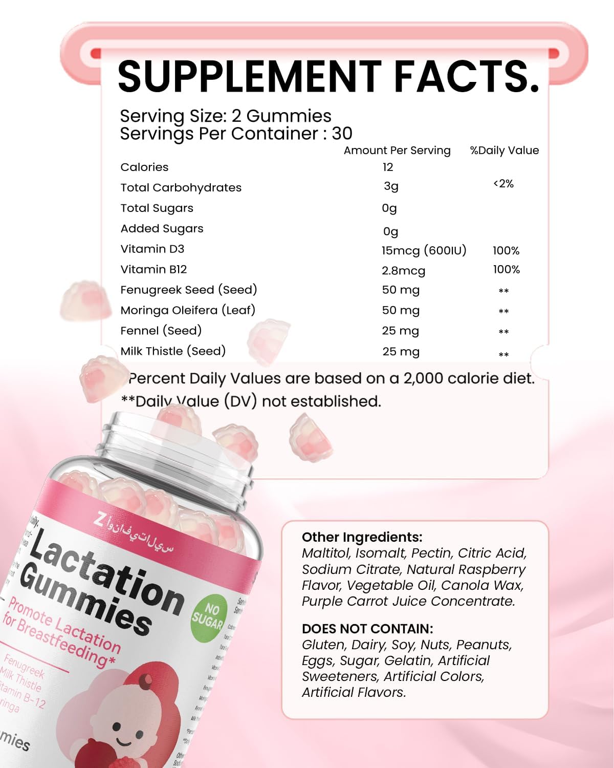 Lactation Support Gummies – Herbal Blend with Fenugreek, Moringa & Fennel – Postnatal Vegan Vitamins B12 & D3 – Natural Breast Milk Booster for Nursing Moms – Raspberry Flavor, 60 Gummies — Amazon image 3