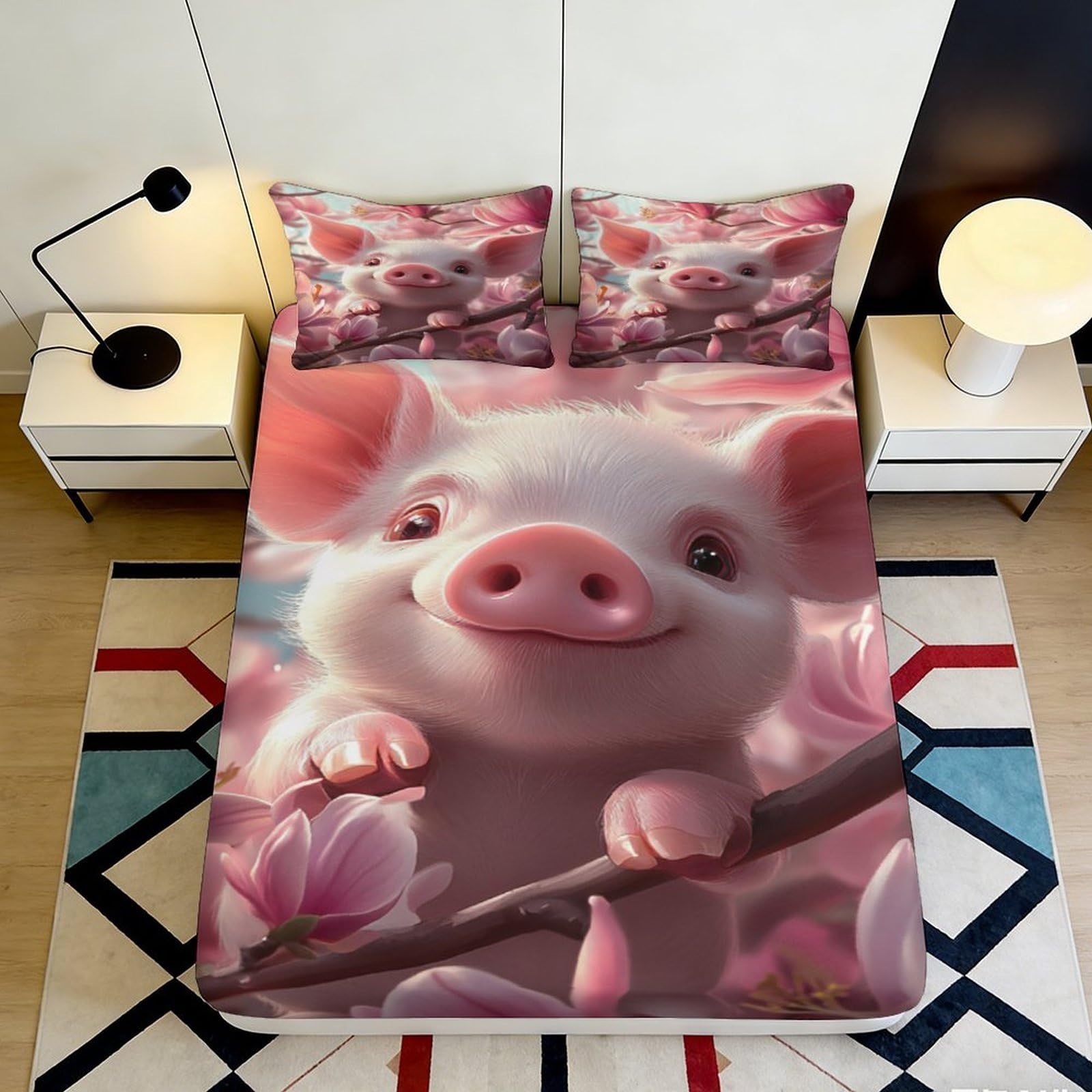 Dhbaneiok Style-8 3D Printed Cute Pig Blossom Fitted Sheet Microfiber Anti-Slip Mattress Cover Bedroom Decor Dustproof Washable 90X200x25cm