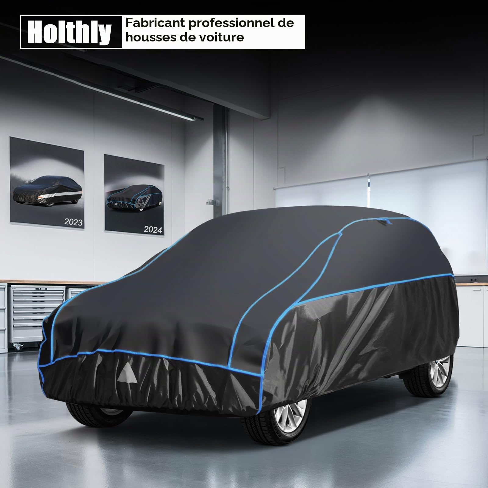 Bâche Voiture Anti-grêle Étanche, Housse de Protection Voiture Extérieur Contre Pluie Soleil Poussière, Bâche Contre la Grêle pour SUV 4x4 460 à 485 cm. YL
