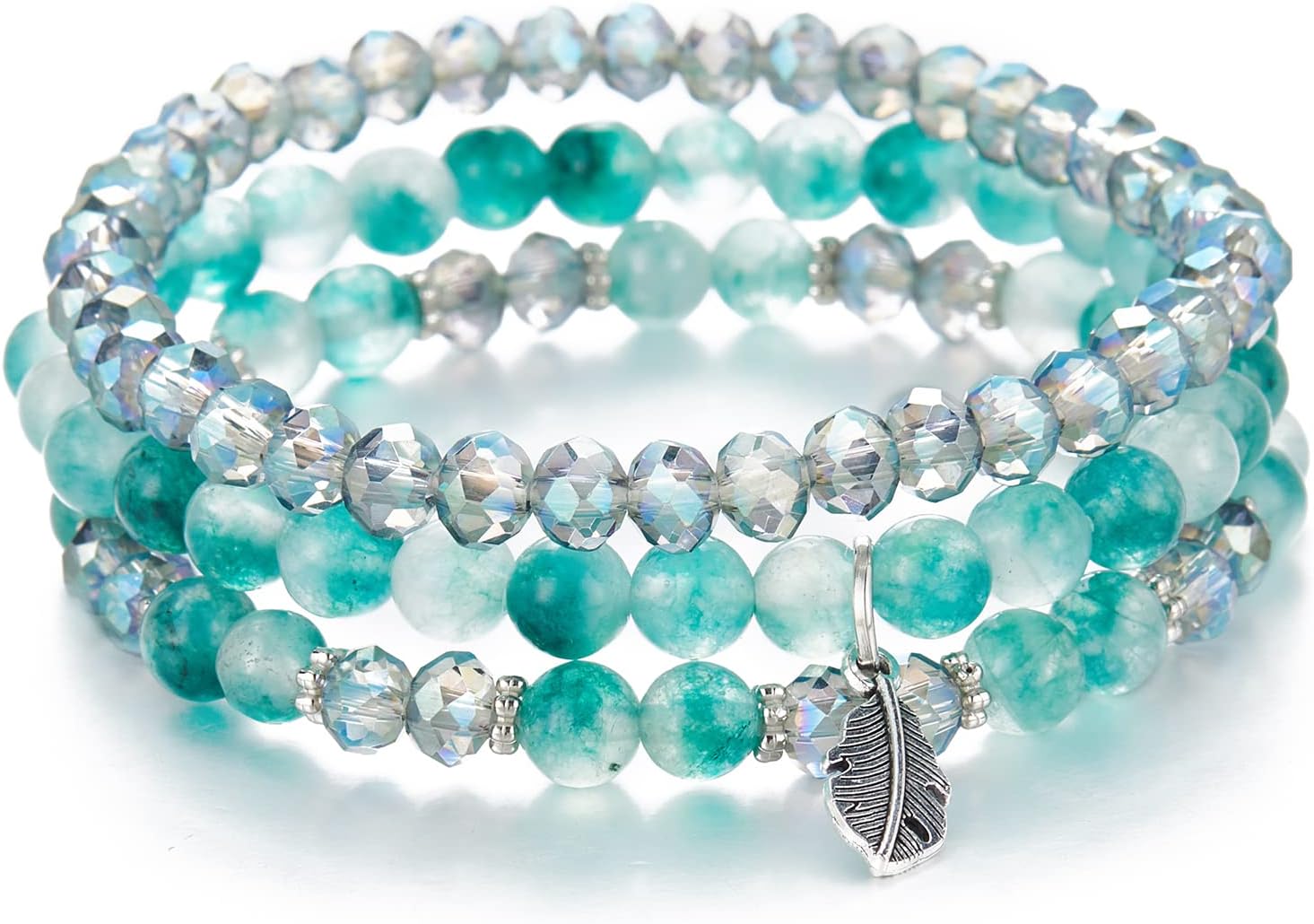 Noessla Stackable Crystal Beaded Bracelets for Women Boho Multi Layer Stretch Bracelets Natural Stone Bead Bracelet with Leaf Charm Jewelry for Women