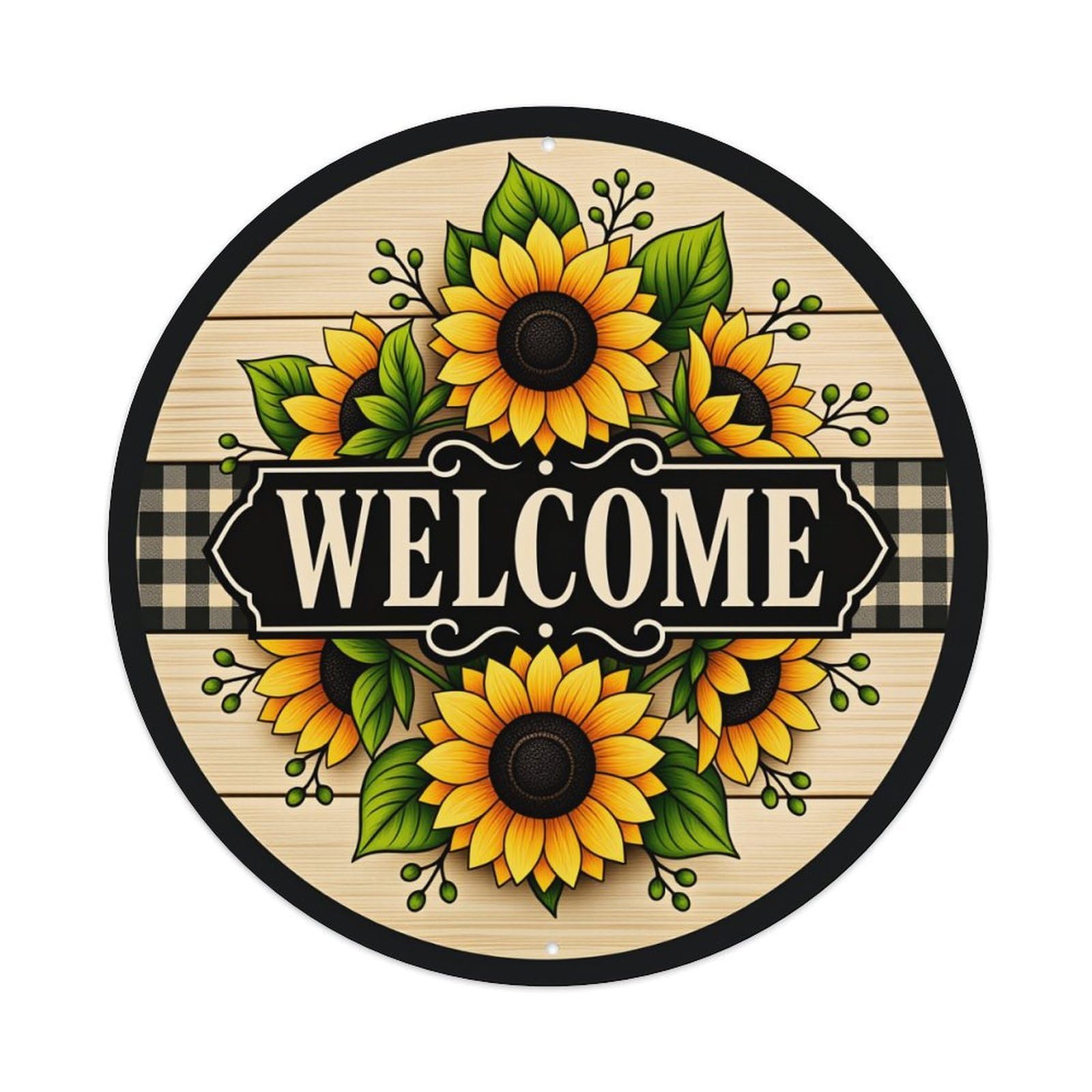 Sunflower Wood Plaid Welcome Sign Tin Sign Vintage Style Home Bar Garden Wall Plaque Decor Metal Poster 8x12 Inch