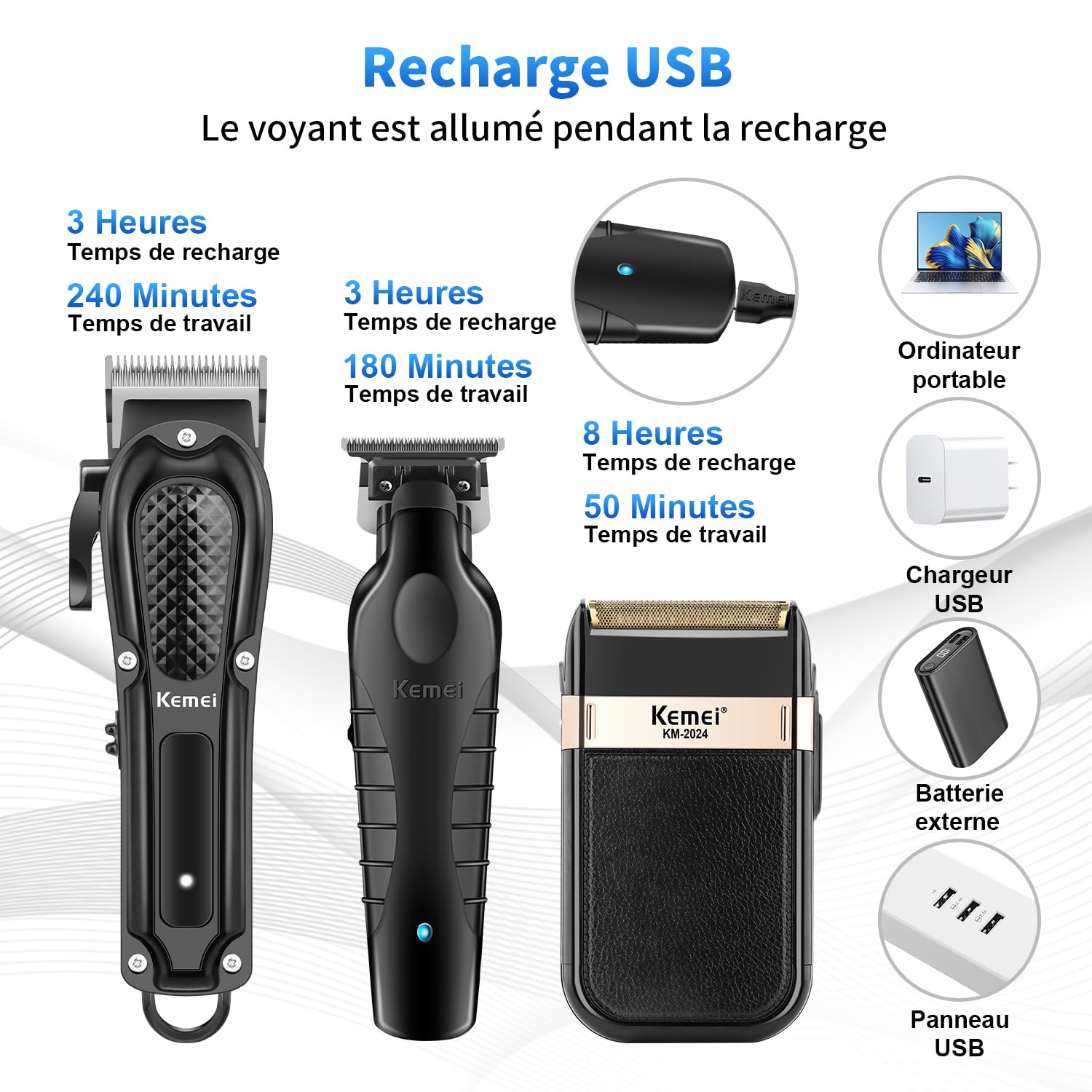 KEMEI Tondeuse professionnelle pour hommes, Ensemble complet de tondeuse à barbe sans fil T-Blade, Kit complet d'électrique de coupe de cheveux avec 9 peignes de guidage