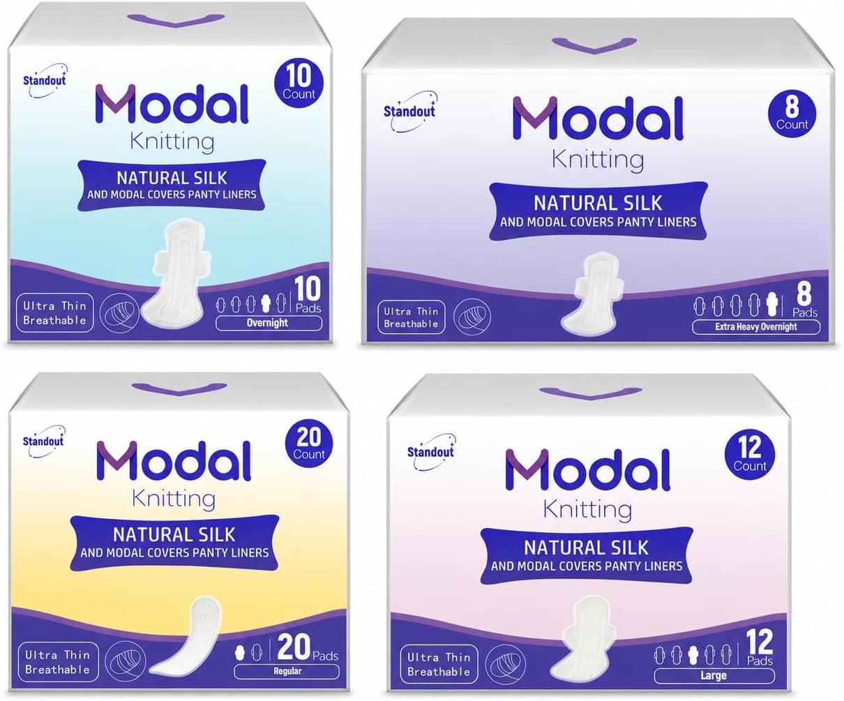 Modal Sanitary Pads for Women Day & Night Bundle, Regular 20 & Large 12 & Overnight 10 & EH Overnight 8 (Packaging May Vary)