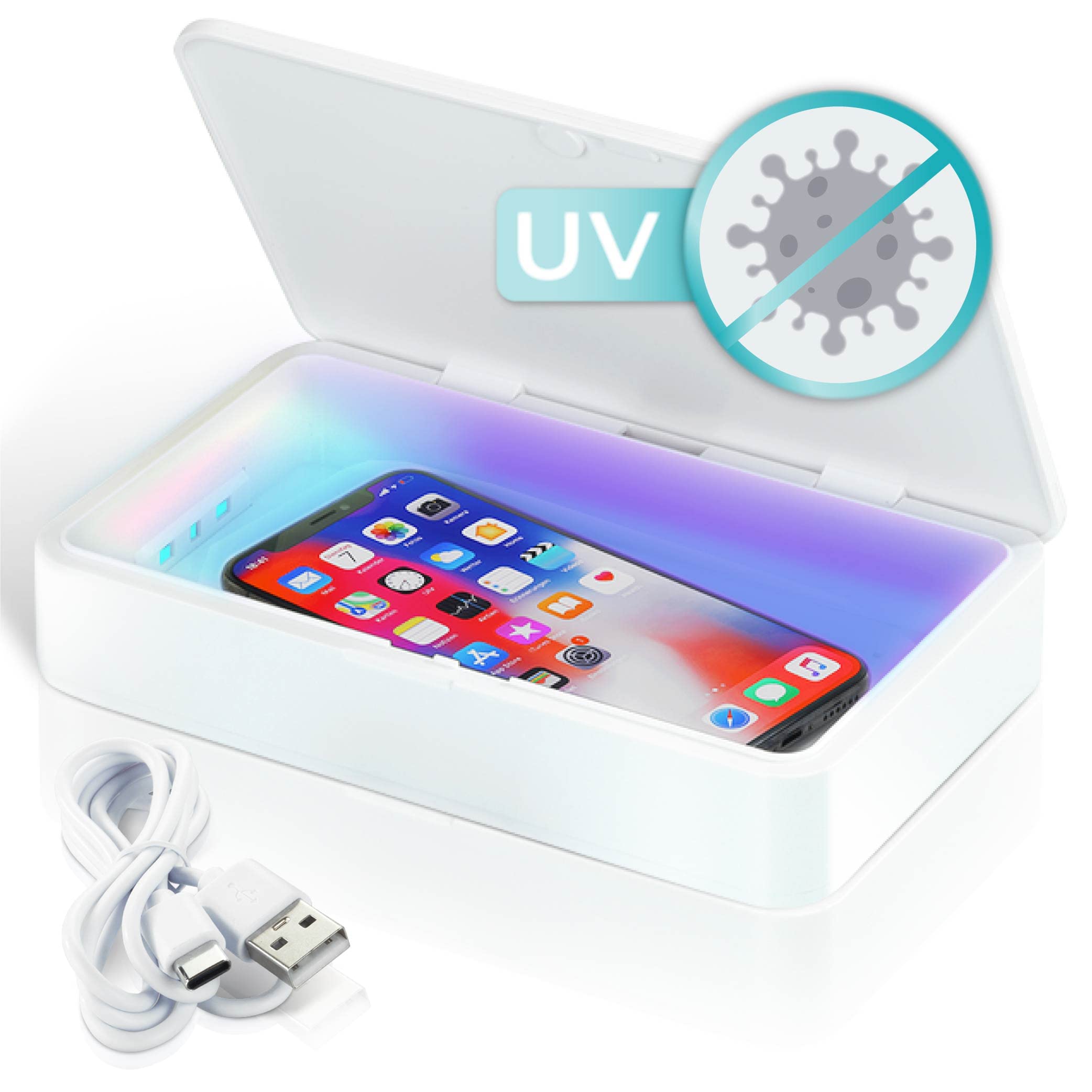 LEICKE UV Handy Sterilisator Box | Überbrückungshilfe III möglich | tragbares UV Smartphone Desinfektionsmittel mit Wireless Charge | Ideal für Masken, Handschuhe, Brillen, Schlüssel, Schmuck usw