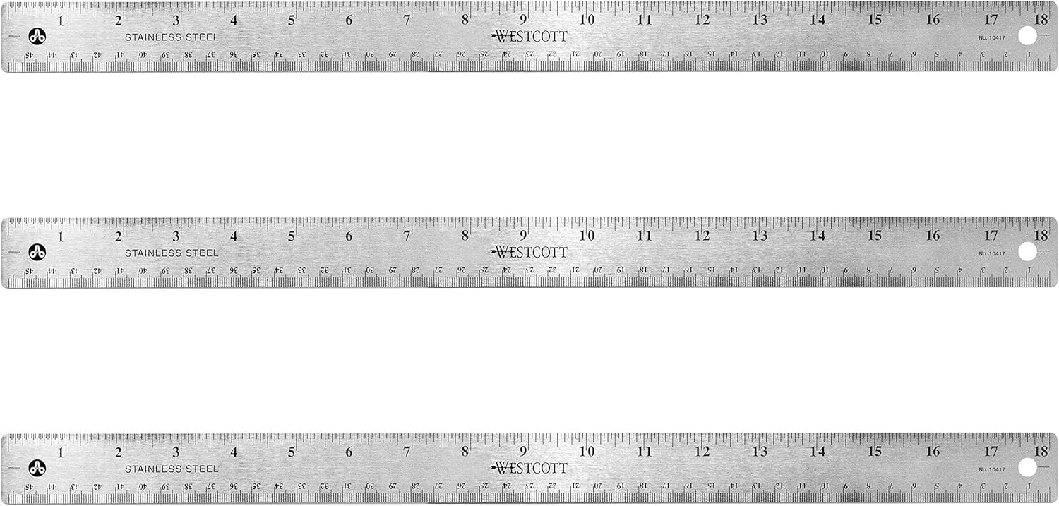 Westcott Stainless Steel Rulers with Non-Slip Cork Backing, Back-to-School, School Supplies, Classroom Supplies, 18-Inch, 3-Pack