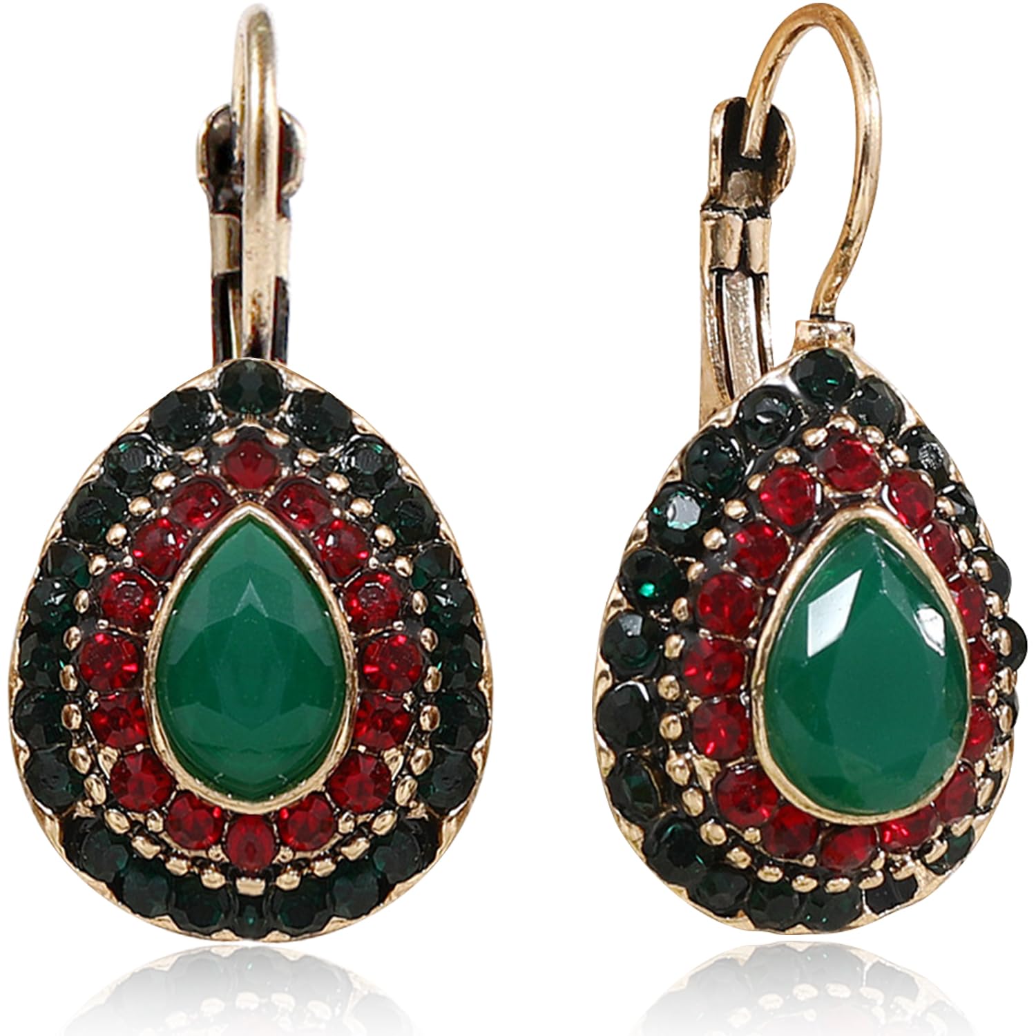 Unique Bohemian Vintage Sparkly Crystal Colorful Round Flower leverback earrings Boho Retro Bronze Circle Beaded Flower Floral Dangle Drop Earrings