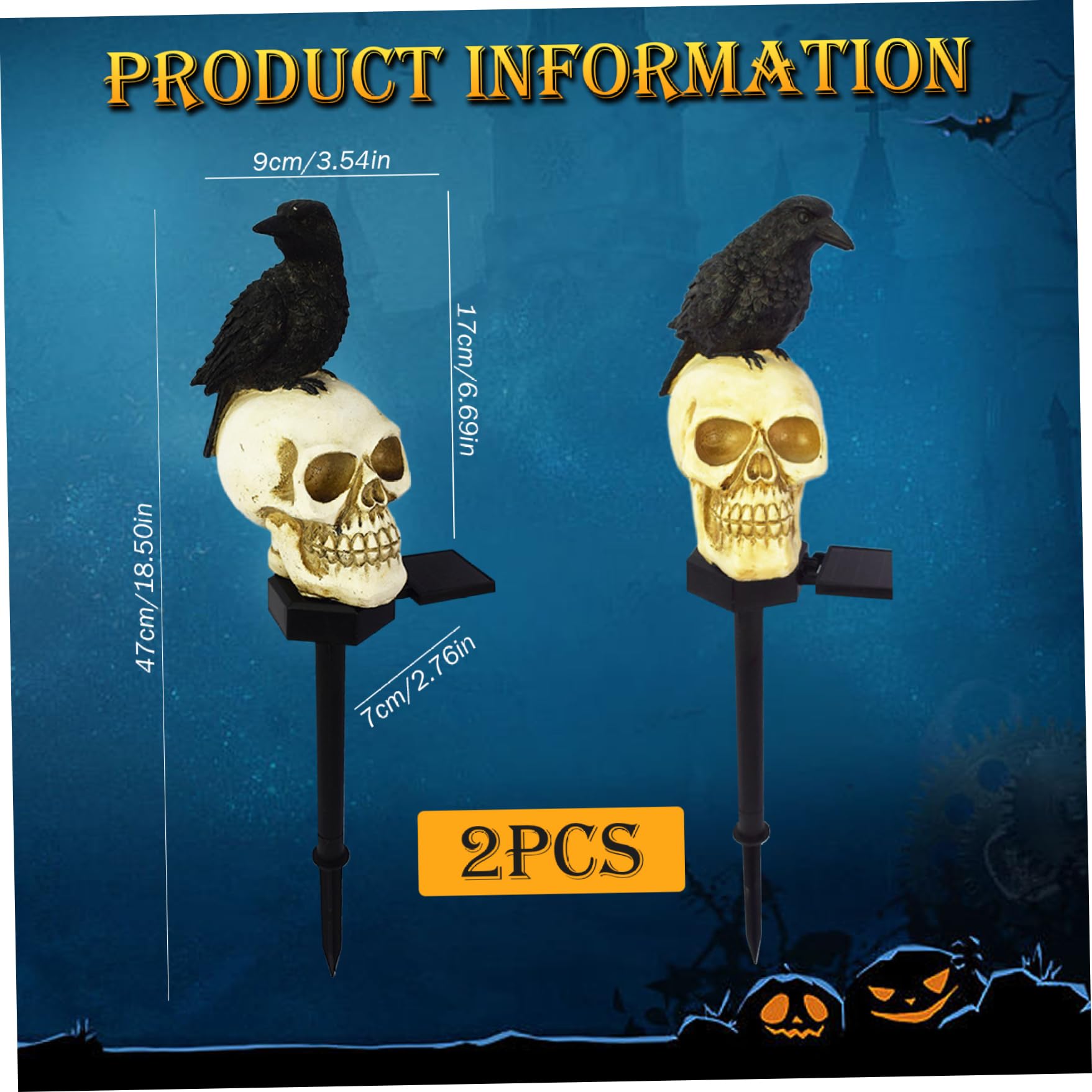 Luces solares de Halloween para exteriores, juego de 2 luces solares de cuervo en calavera, luces solares de Halloween con estaca, impermeables, luz LED blanca cálida, decoraciones de