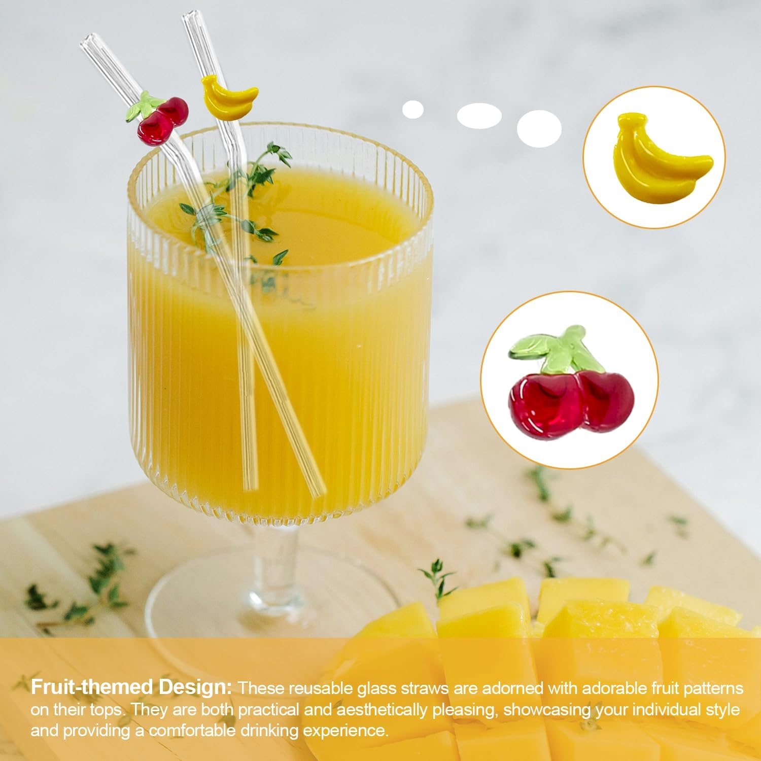 8Pcs Glass Straws With Fruit Charms,Include As A Bonus Two Straw Cleaning Brushes. (Mixed Fruit Styling)