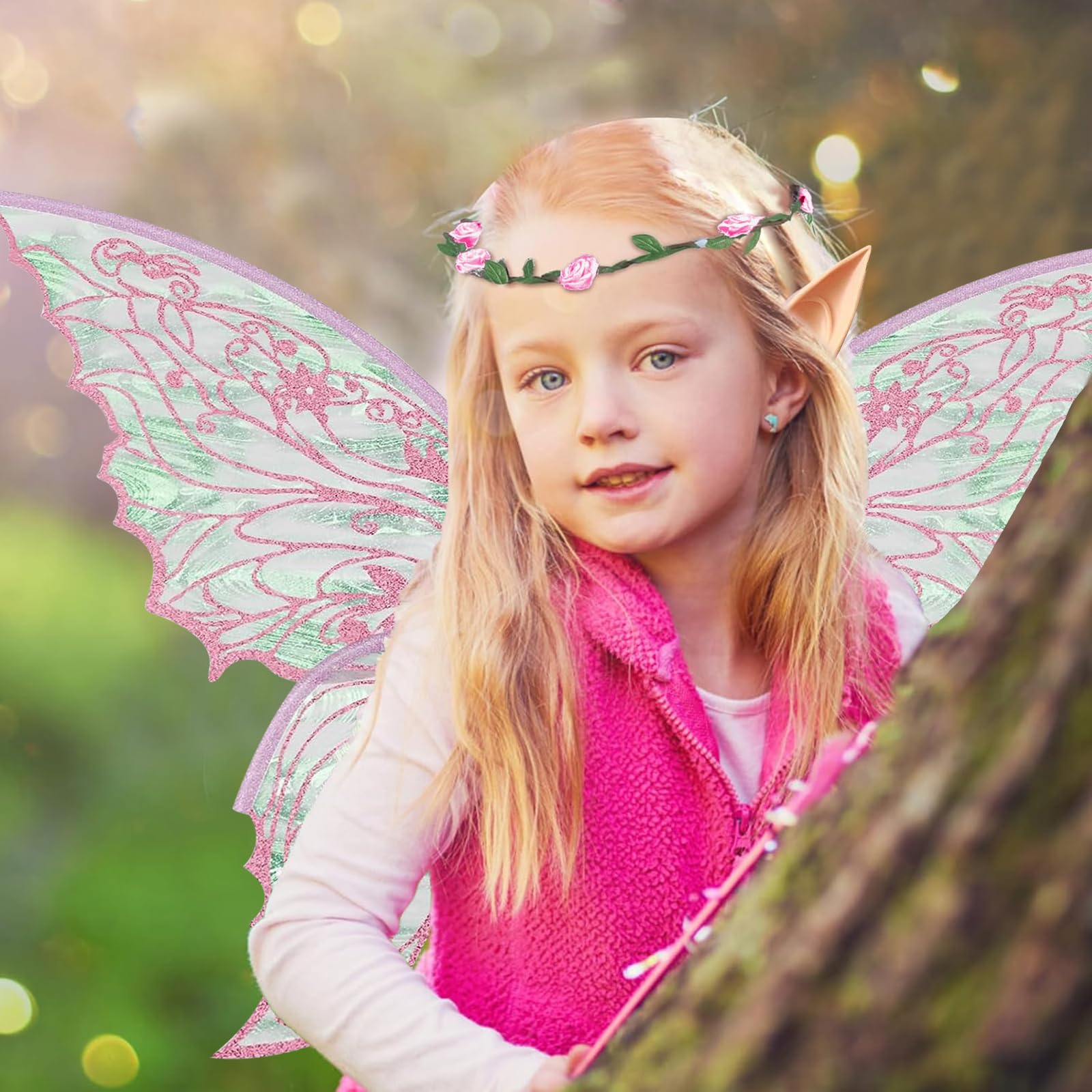 Costume Ali da Fata con Ali da Farfalla, Orecchie da Elfo, Corona di Fiori & Bacchetta Magica – Ali da Fata Bambini & Adulti, Ideale per Halloween, Carnevale, Cosplay & Compleanni