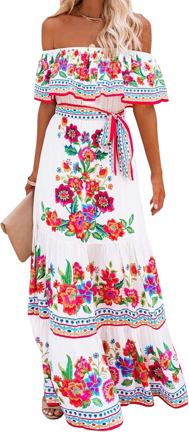 Xplanet Mexican Dress for Women Off Shoulder Floral Print Maxi Dress Summer Party Casual Sundress Dresses