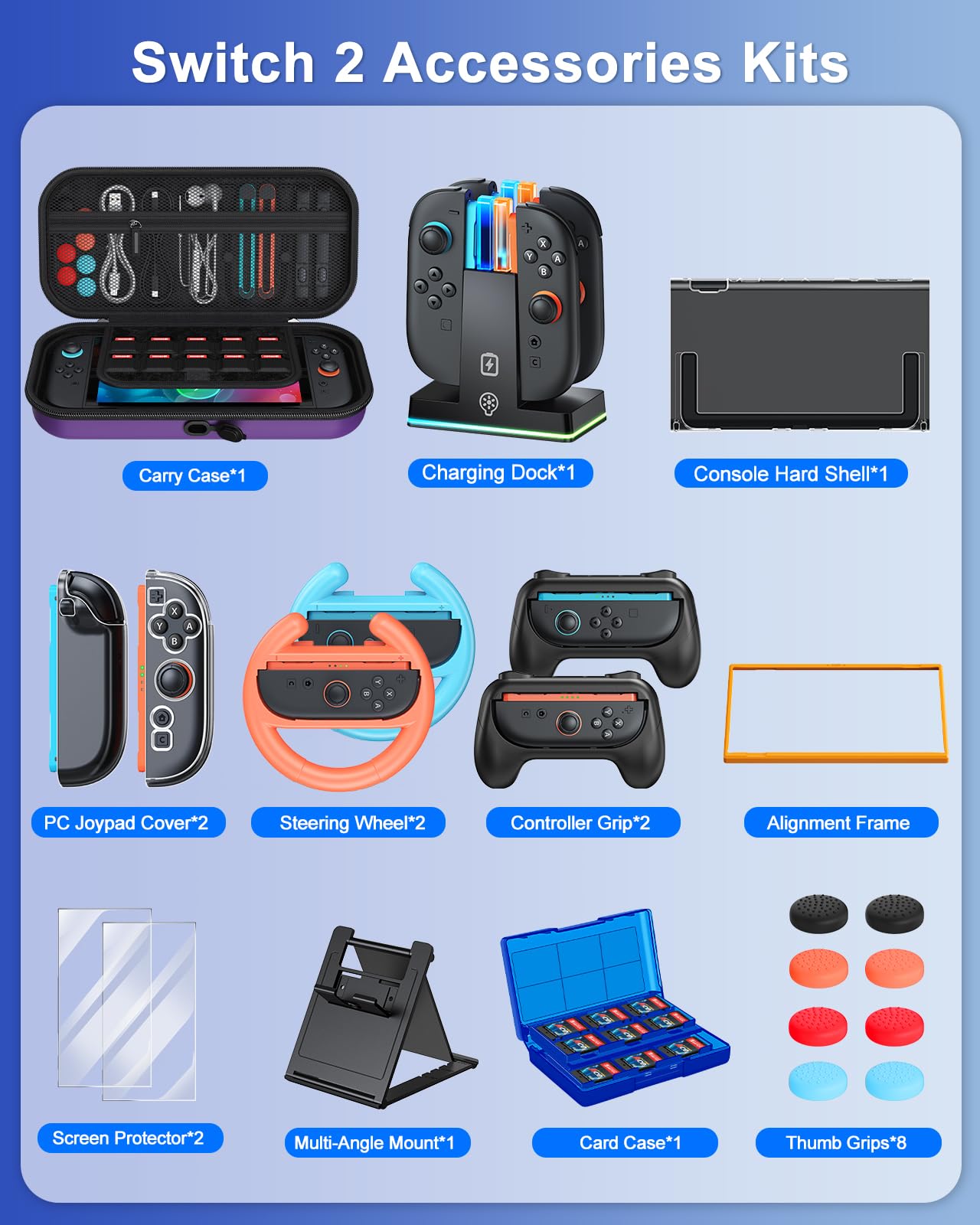 Switch 2 Zubehör, [Lade innen] Tasche Bundle für Nintendo Switch 2 Konsole (2025), FYOUNG 23-in-1-Set: Tragetasche, Controller-Ladestation, Schutzhülle, Griff für Joy Con, Lenkrad(Violett) - 3