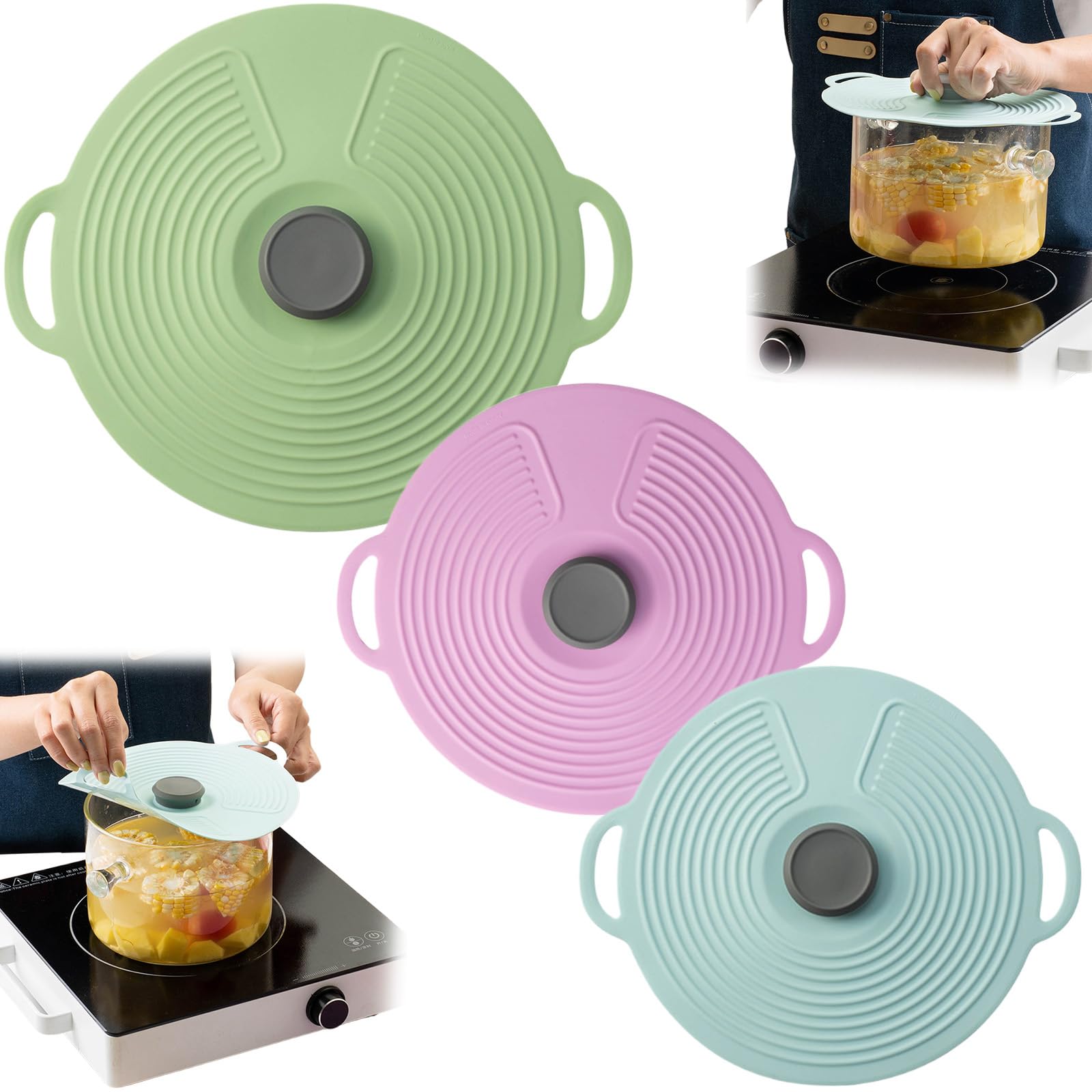 Wedhapy Silicone Bowl Covers Silicone Lids for Pots & Pans 3Pcs 12.4/9.1/7.9'' Pot Lids Food Bowl Covers with Handle Reusable Suction Seal