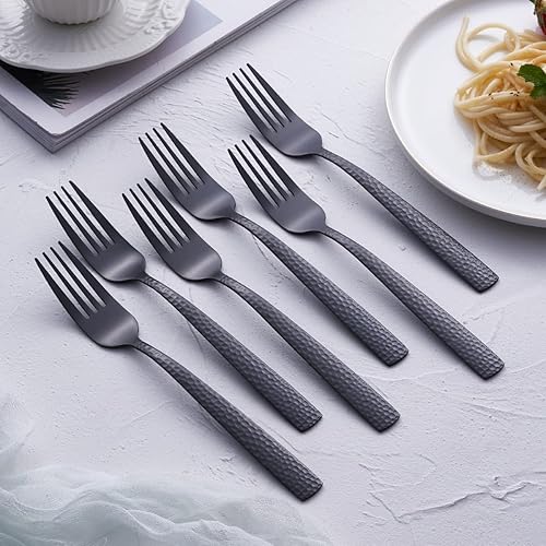 Miniatura 3 de Juego de 6 tenedores de cena negro mate, cubiertos de acero inoxidable de 8.0 pulgadas, martillado de metal, acabado satinado