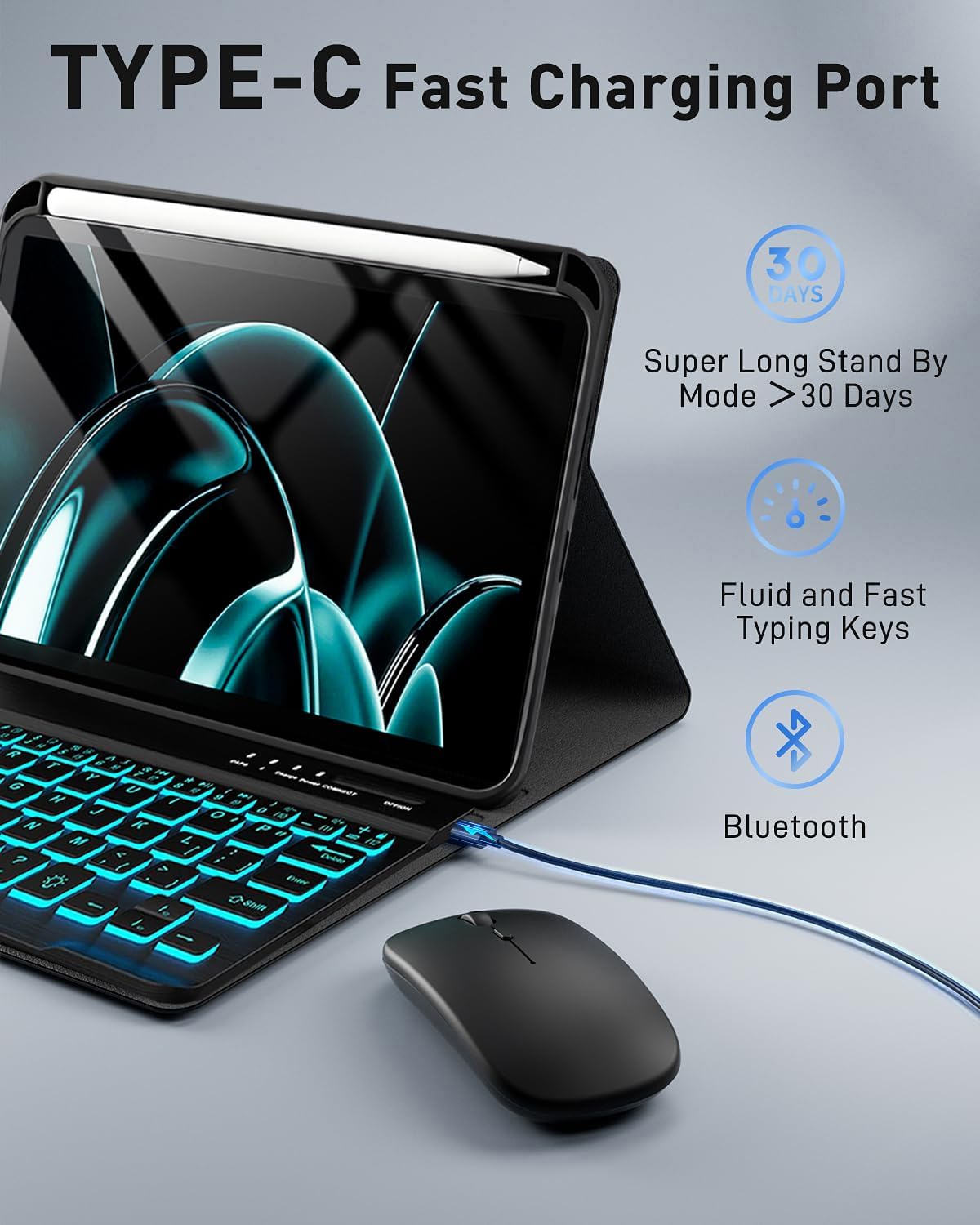 SAMTUNK for iPad mini 7 (2024) & Mini 6 (2021) Case with Keyboard for iPad mini (A17 Pro) 7th 6th Generation 8.3" - 7 Colors Backlit Keyboard Case - Built in Pencil Holder with Mouse - Black