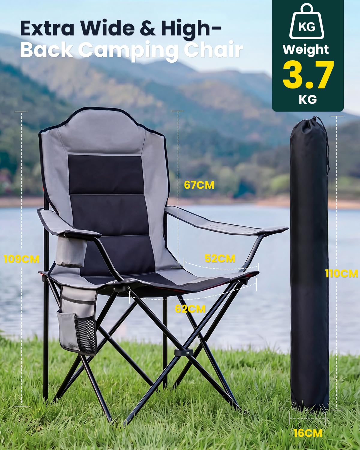 YEAUPE PRO Silla de Camping Plegable y Acolchada, Sillas de Pesca Extra Cómoda hasta 150 kg, Respaldo Alto, con Portavasos y Bolsa de Transporte, Silla Exterior para Camping, Playa, Jardín y Pesca