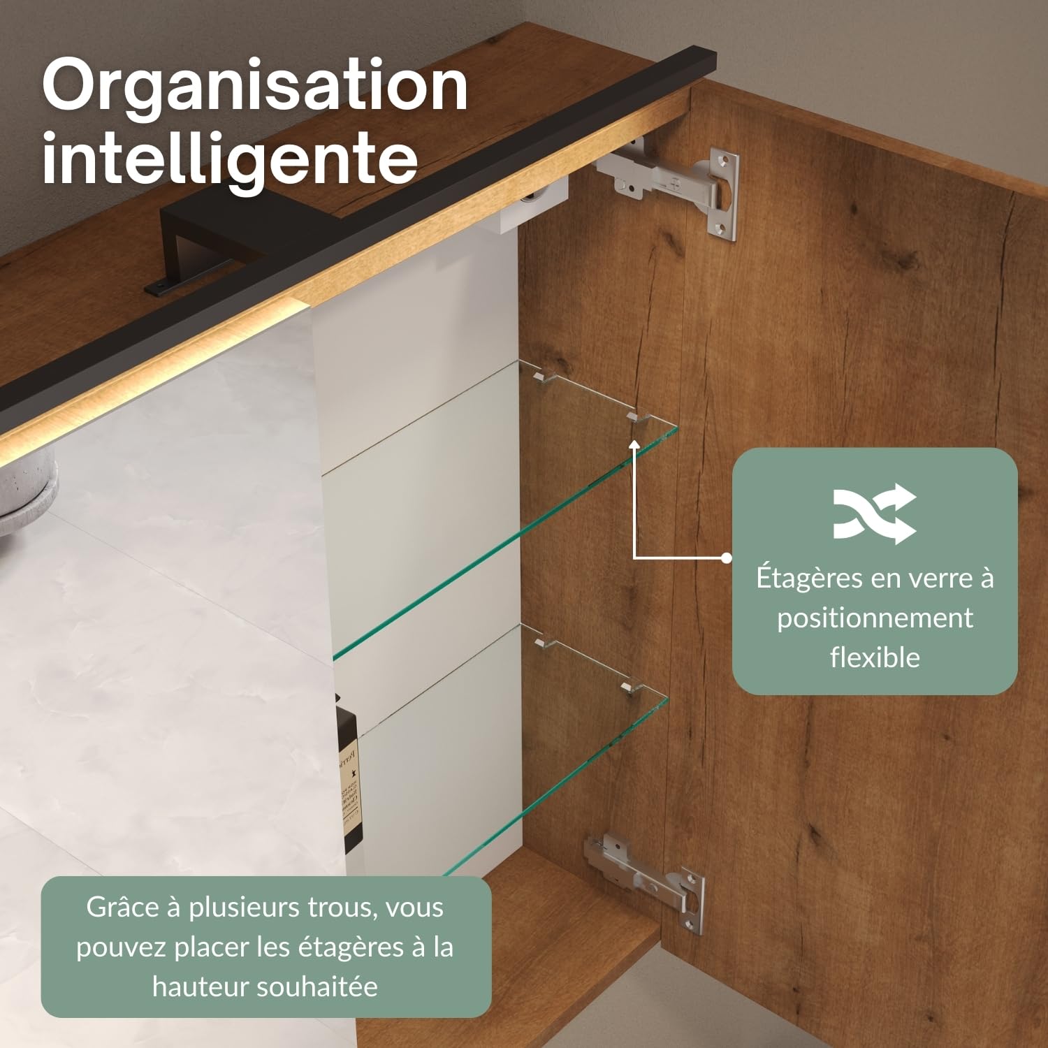 Planetmöbel Aria Armoire de Toilette avec éclairage, 120 x 70 x 16 cm, Armoire de Salle de Bain Suspendue avec Miroir, Chêne doré, avec Lampe et Prise électrique, pour WC invités