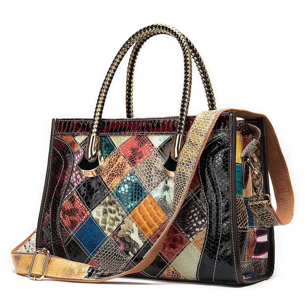 Womens Genuine Leather Handag Purse, Colorful Leatherr Splicing Tote Shoulder Crossbody Bag for Women, C-color Diamonds