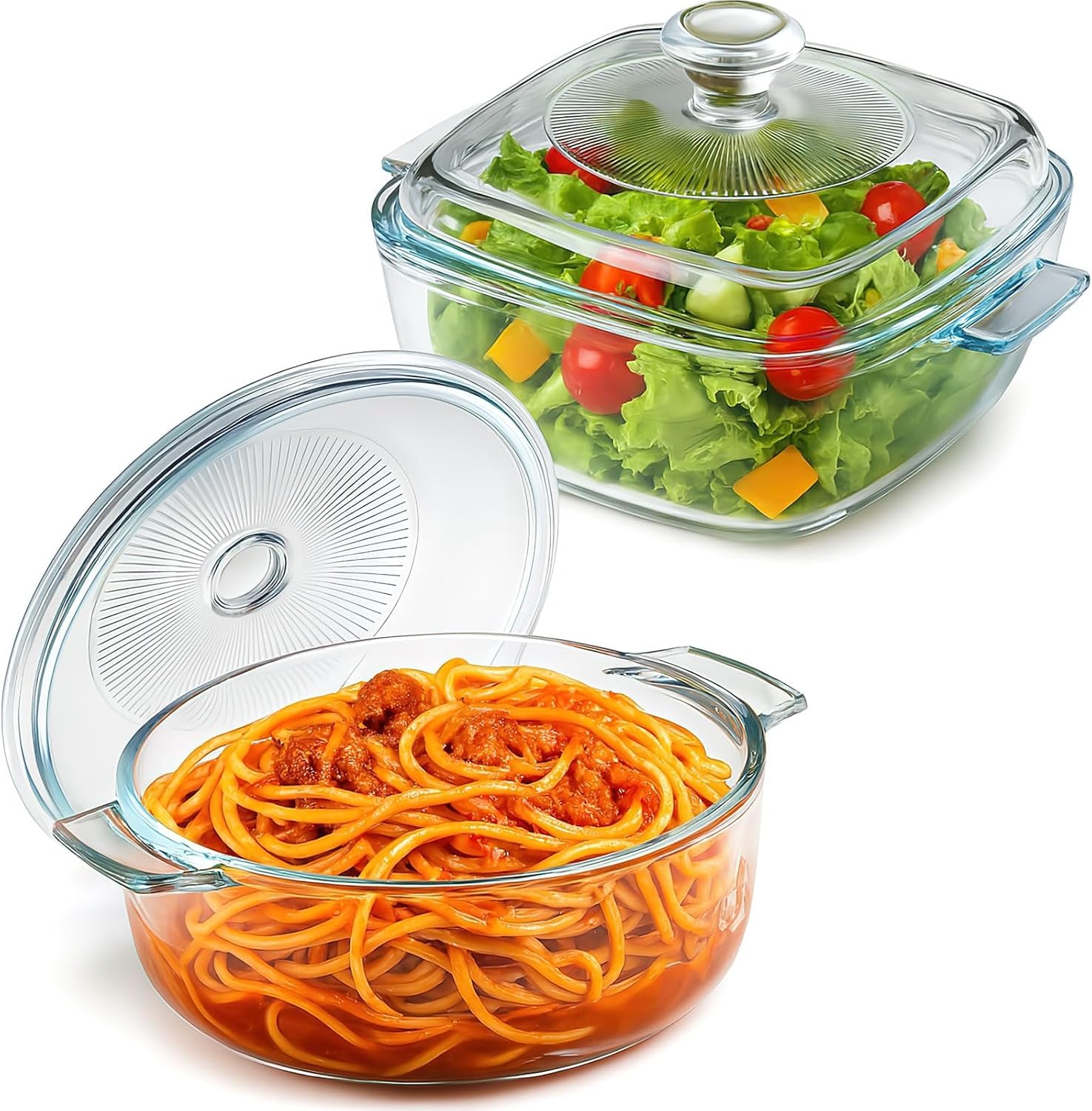 2 moldes de cristal con tapa, aptos para horno, con asa, cuencos para microondas con tapa para cocina, restaurante, hogar y fiesta (0,8 L)