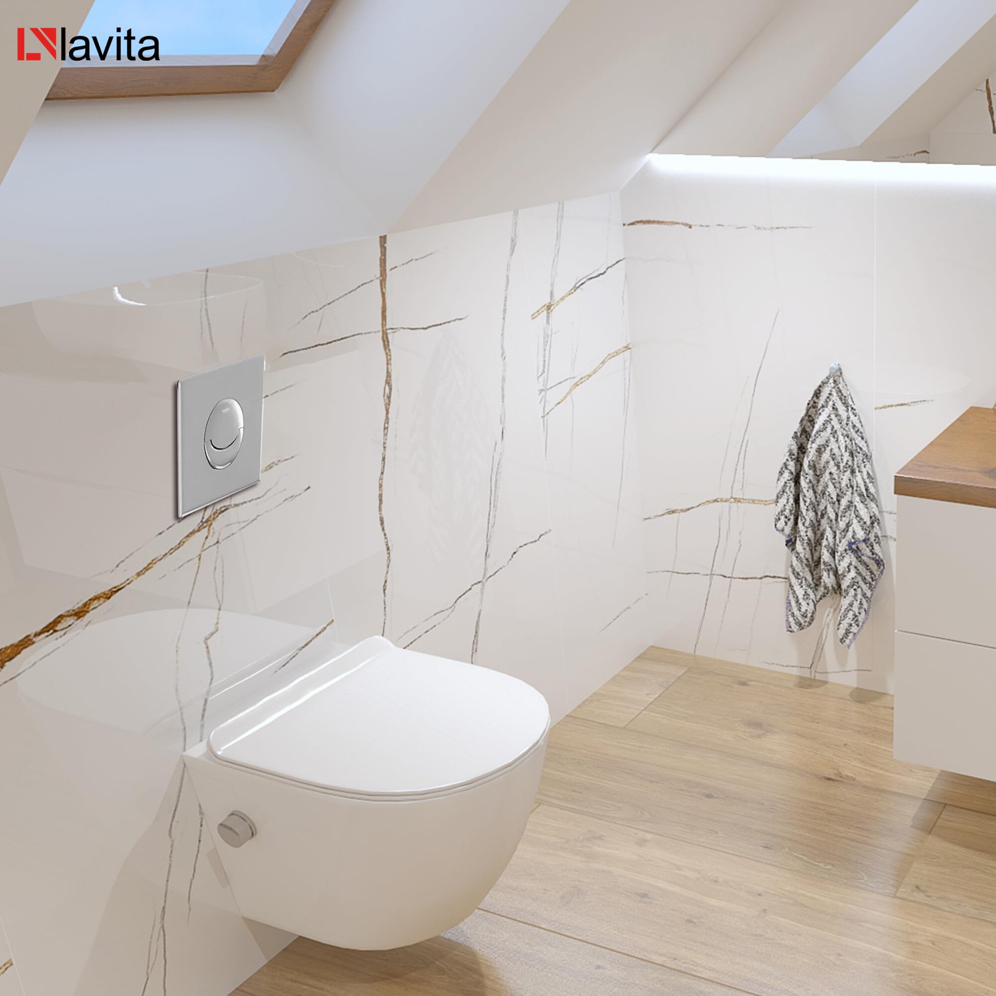 LAVITA Vorwandelement Solido Start + Wand Hänge WC Salto Weiß Spülrandlos ++ WC Sitz mit Absenkautomatik Verchromter Knopf Komplettset Unterputz Spülkasten Toilette Komplett Sett WC