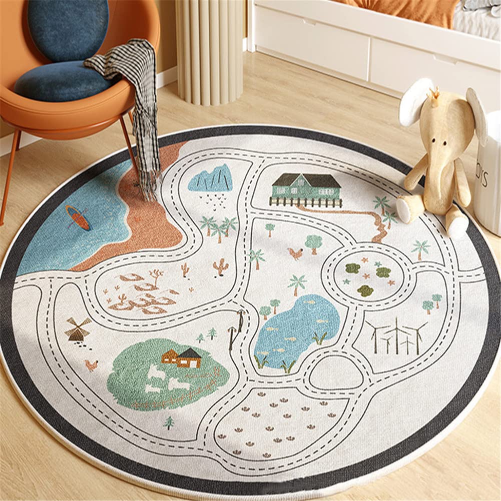 JHION Round Kids Play Rugs, Children Reading Area Rug Road Traffic Kids Play Area Rug Soft Non-Slip Childrens Carpet for Bedroom Living Room Kids
