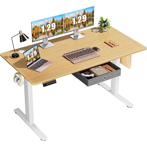 Sweetcrispy Electric Standing Desk Adjustable Height, 55 x 24 inch Stand up Sit Stand Desk with Drawers, Ergonomic Home Office Rising Table Computer Workstation Gaming Work Desk, Oak
