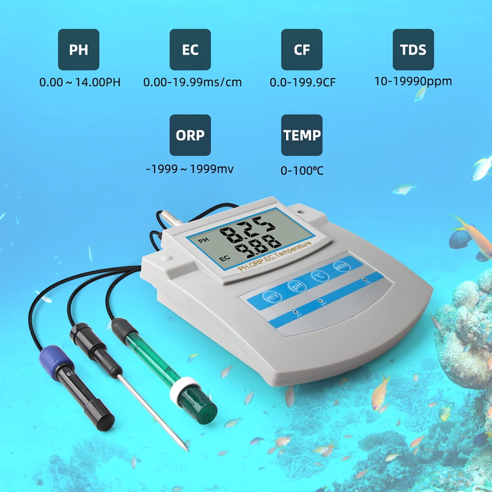 Monitor de Calidad del Agua 6 en 1 PH ORP TDS EC CF Medidor de probador de Temperatura de sobremesa, Pantalla LCD, para Piscina, Acuario, Laboratorio