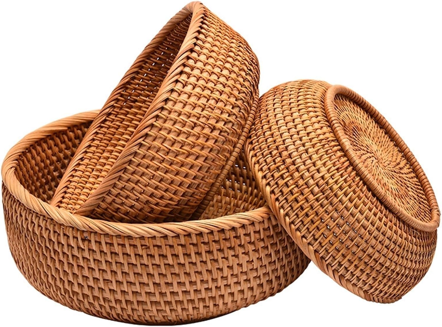 GLigeT Fruit Holder 3Pcs Round Rattan Bread Basket - Natural Wicker Fruits Bread Basket,Round Fruit Woven Basket Bowls,Handmade Rattan Bread Basket for Serving Bread Basket