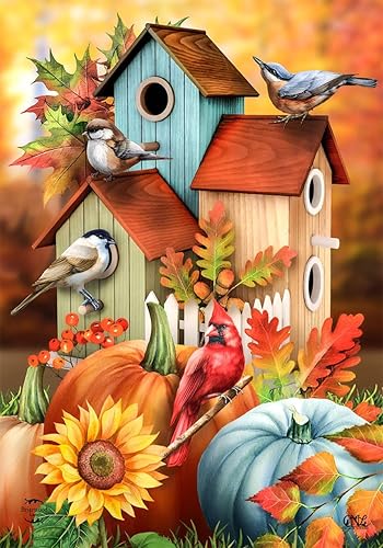 Bandera de jardín de casas de pájaros con flores de otoño, 18 x 12.5 pulgadas Briarwood Lane