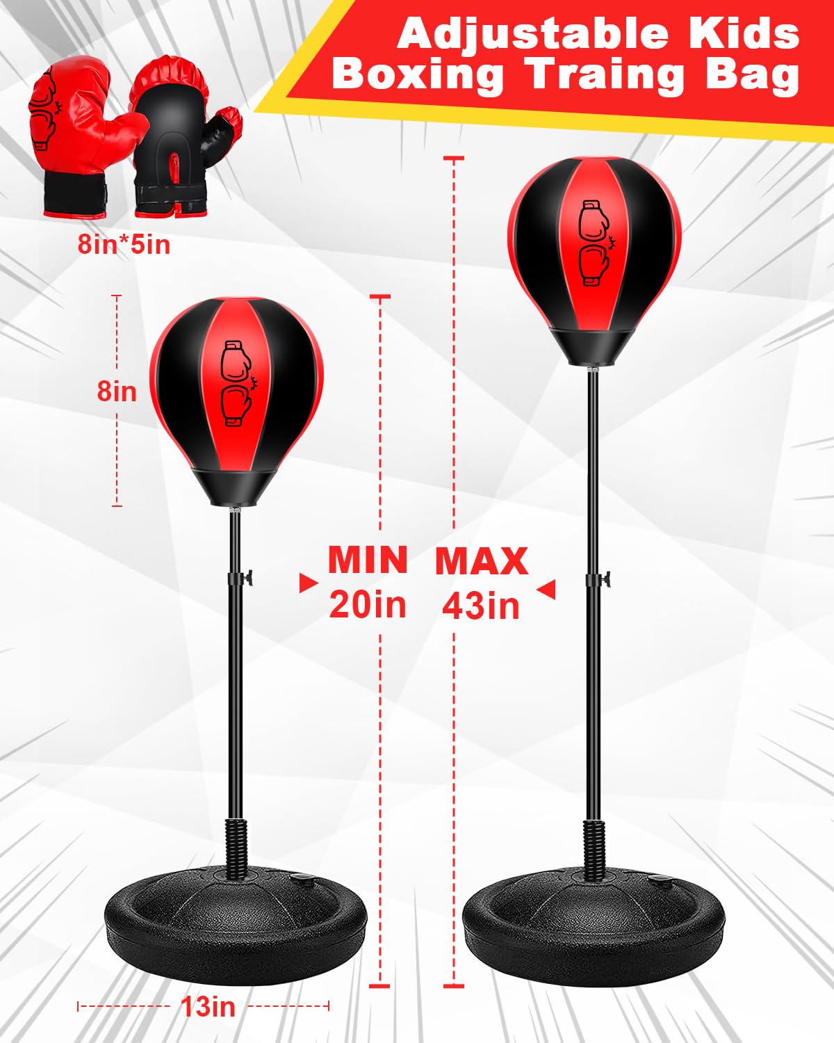 Punching Ball Enfants Set, Sac de Frappe autoportant à Hauteur réglable pour Les Enfants - avec Gants de Boxe, Ballon de Frappe et Pompe pour Les Garçons et Les Filles de Moins de 12 Ans