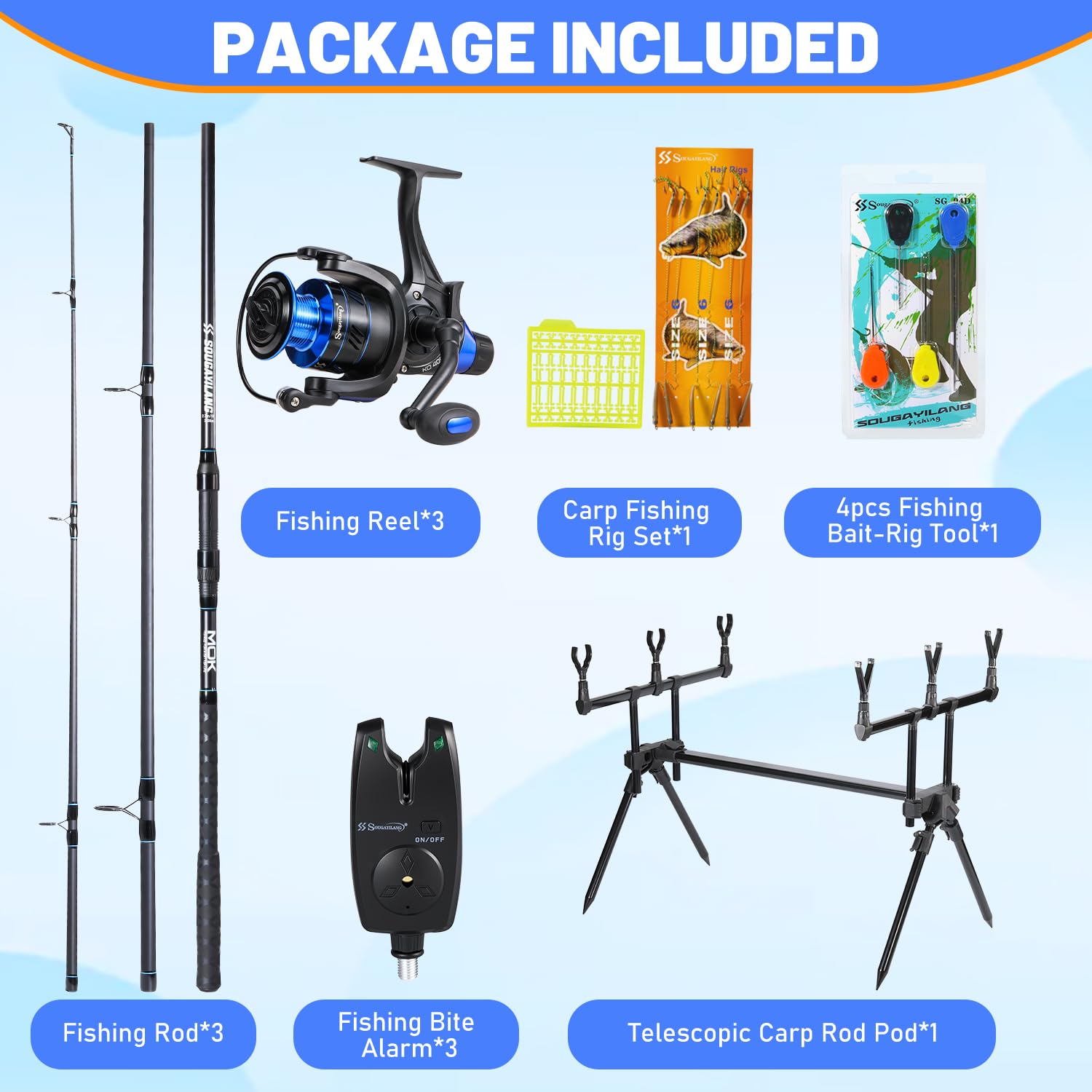 Sougayilang Ensemble de pêche à la carpe, 3 cannes de 3,3 m + moulinets série 4000, détecteurs de morsure, support de canne réglable, kit complet pour lacs et rivières à la carpe