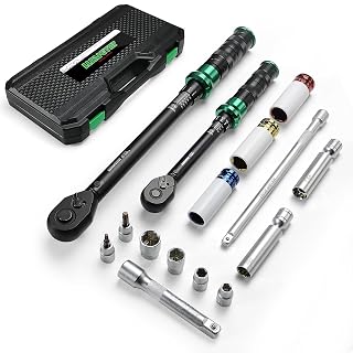 Drehmomentschlüssel Auto 5-220 Nm, 3/8 und 1/2 Antrieb mit 15 Sechskant-Steckschlüsseln, Zündkerze, Verlängerungen für Auto, Motorrad, industrielle Wartung - Amazon product rated Grade B