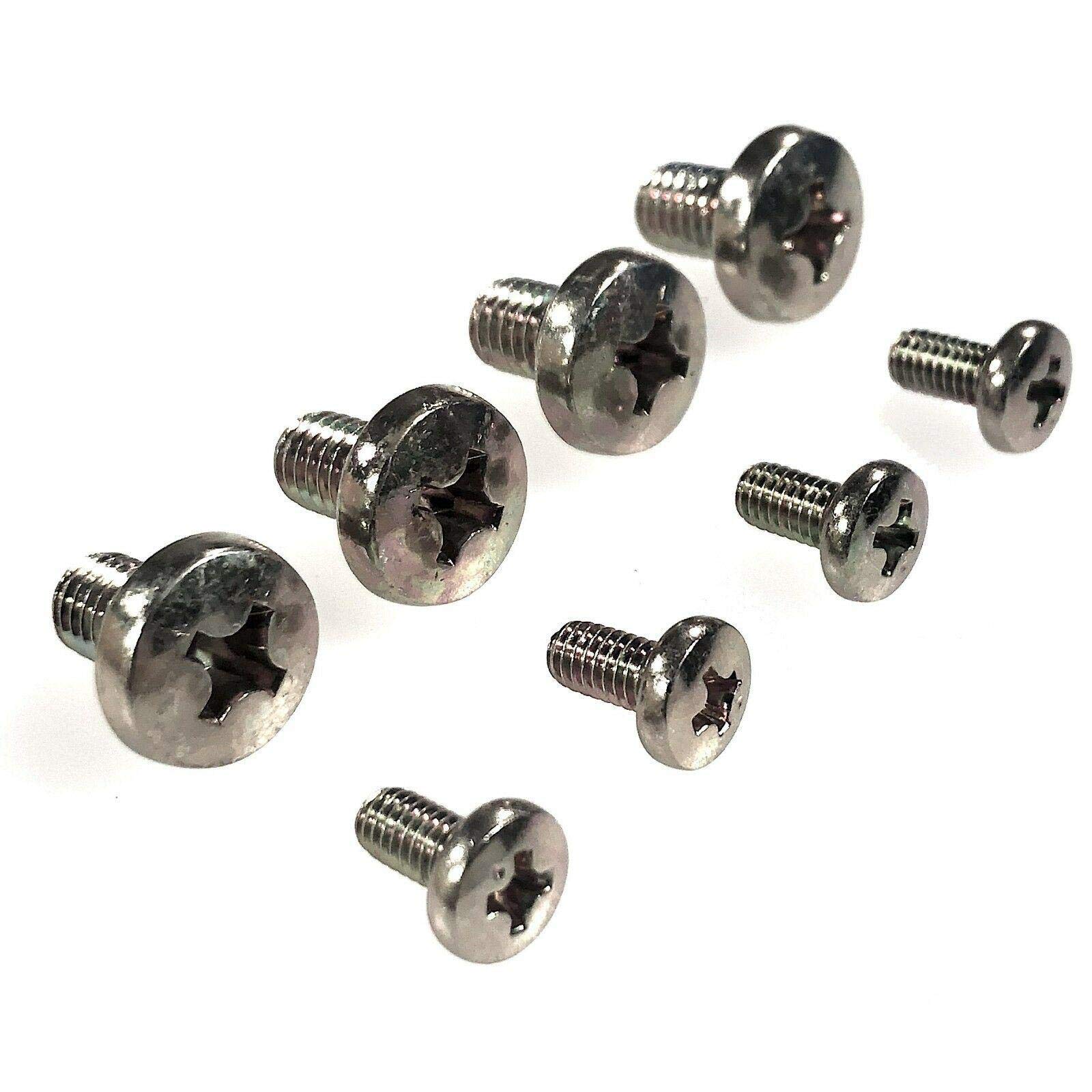 Eight silver stand screws, four short and four long, arranged on a white background.