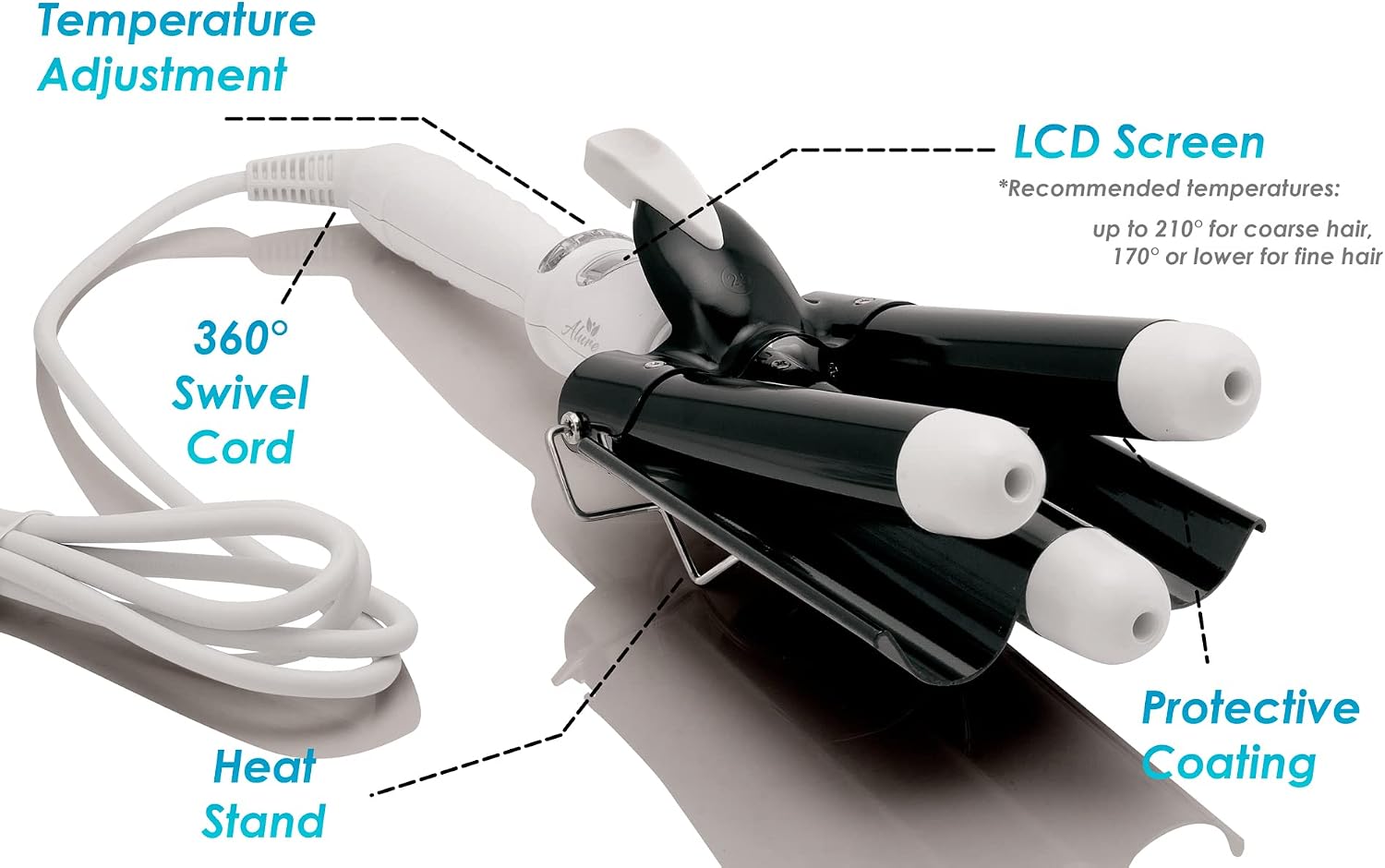Alure Three Barrel Curling Iron Wand with LCD Temperature Display - 1 Inch Ceramic Tourmaline Triple Barrels, Dual Voltage Crimping Tool, Best Hair Waver for Beachy/Frizz Free Waves (Black/White)