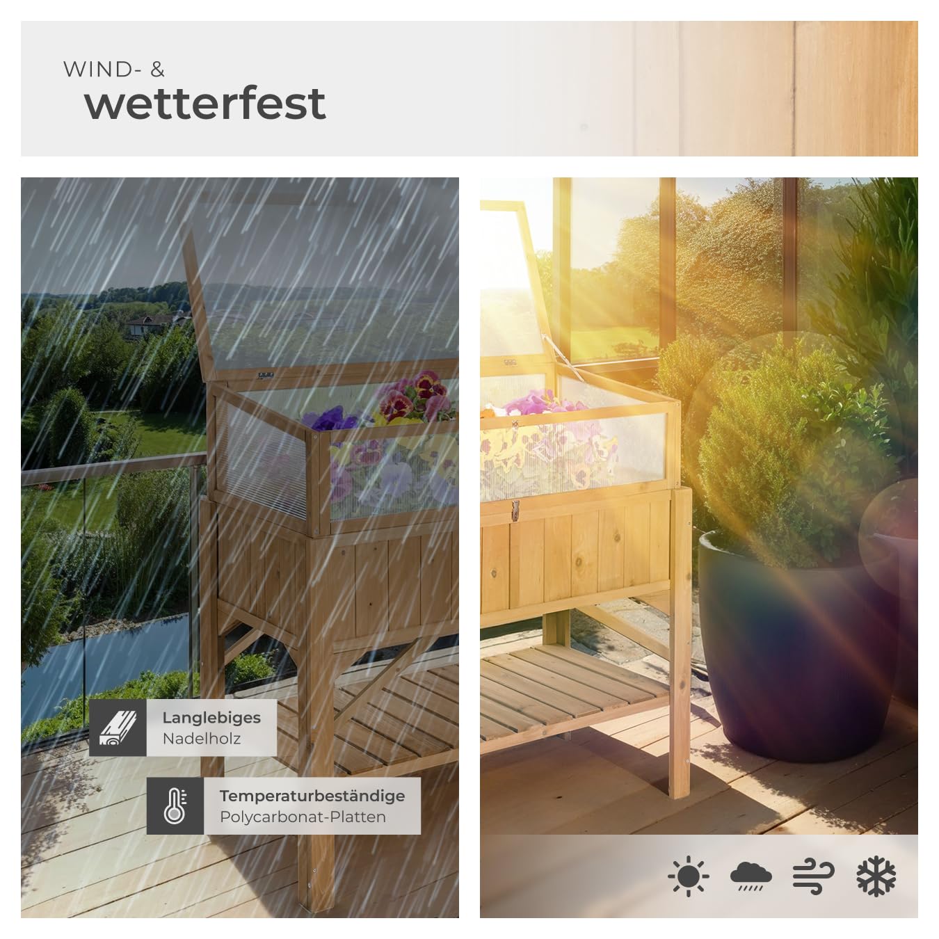 tectake® Frühbeet Aufsatz aus Holz, witterungsbeständig, Schutz vor Wind und Wetter, Frühbeetaufsatz mit funktionellen Hohlkammerplatten, 115 x 53 x 34 cm, kombinierbar Hochbeet 403232