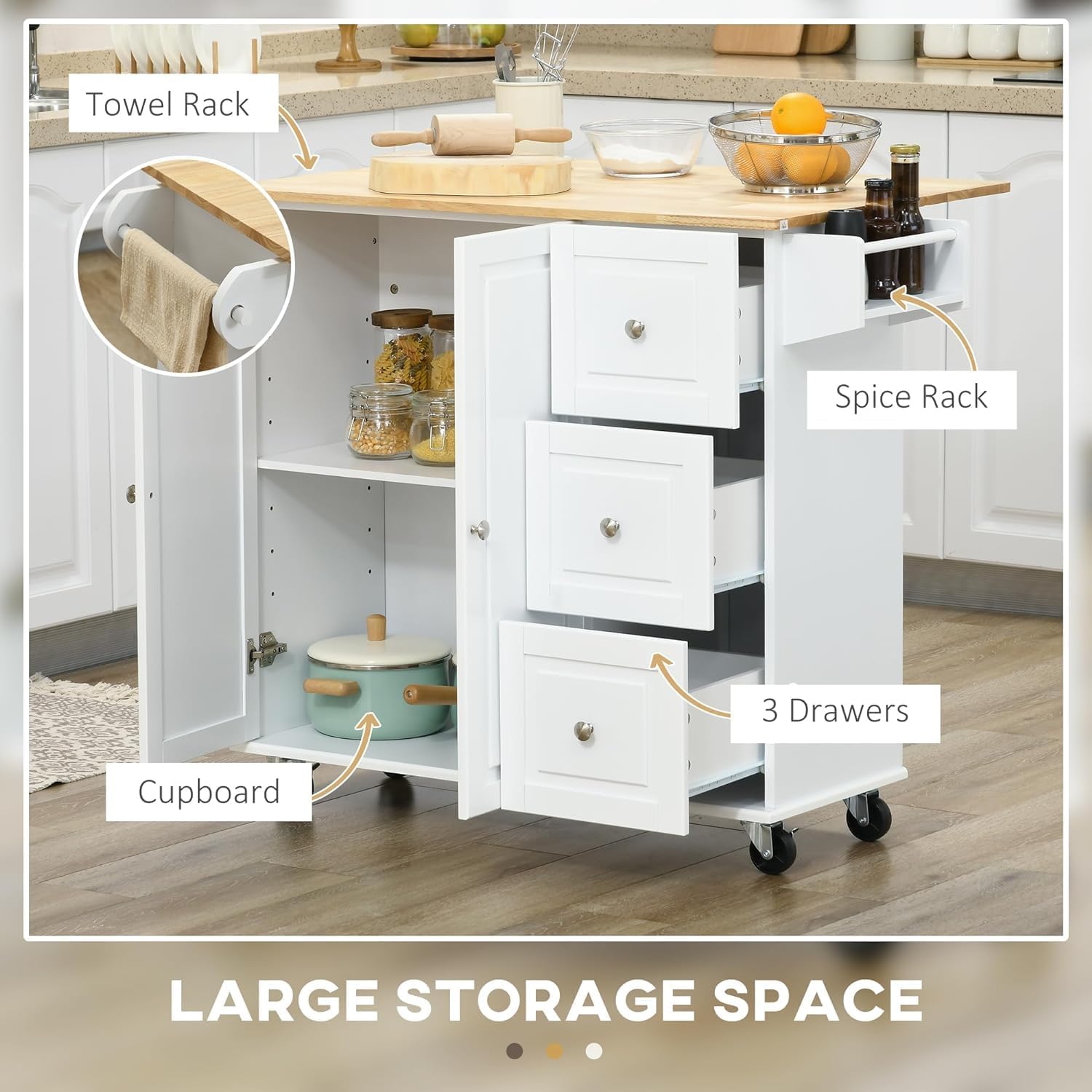 Storage Trolley Kitchen Island with Drop Leaf Rolling Cart On Wheels Drawers Cabinet Wood Top Spice Rack and Towel Shelving Organizer