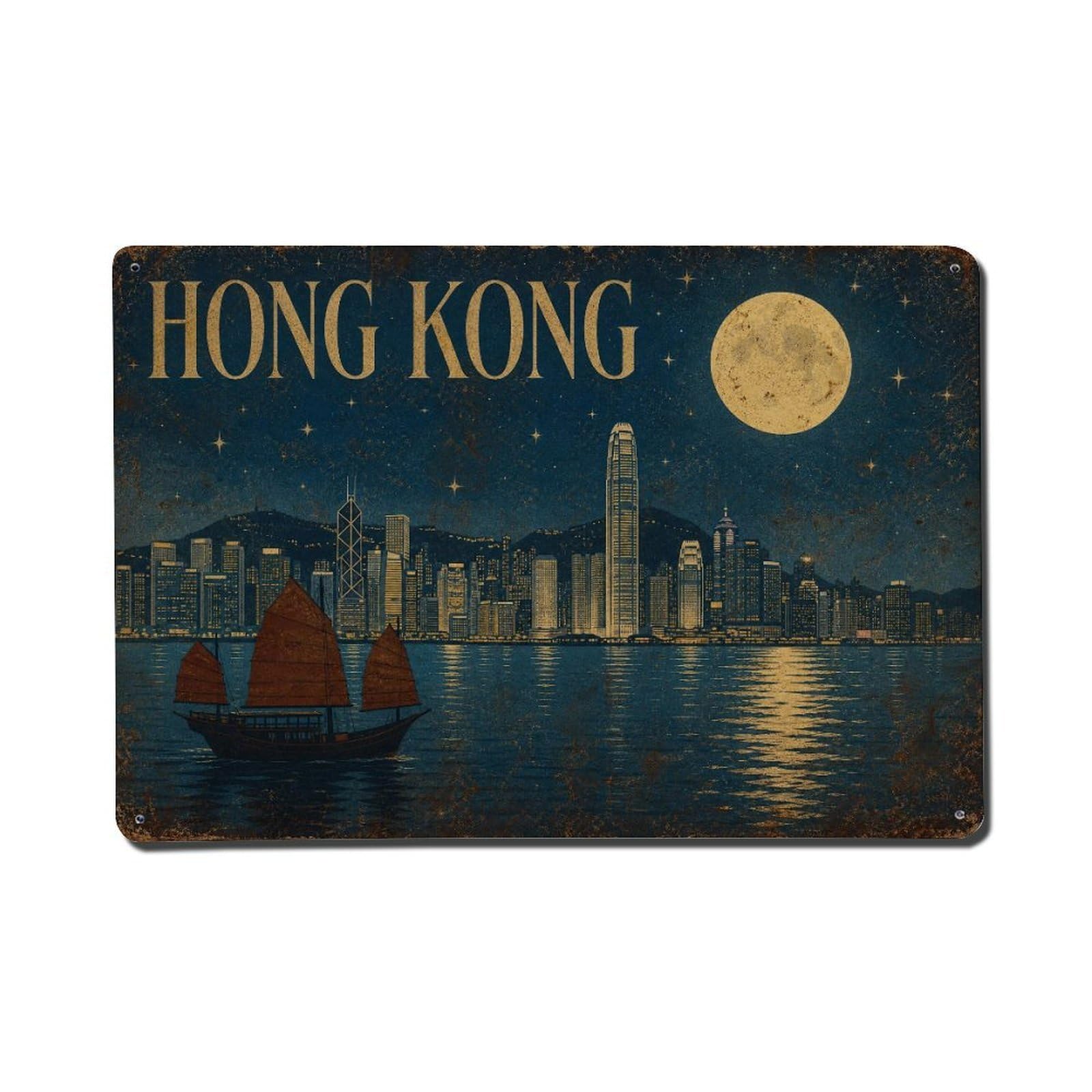 Metal Tin Sign Vintage Travel Hong Kong Moonlit