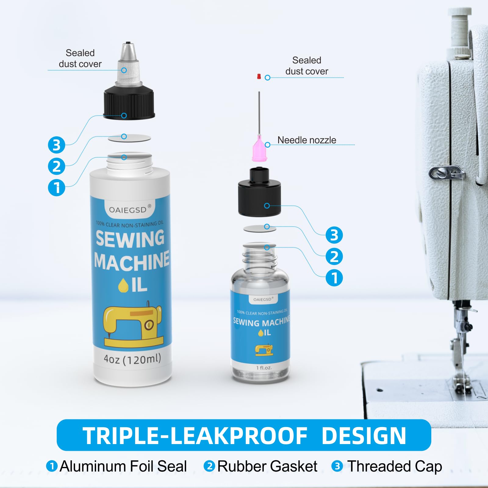 Aceite y lubricante para máquina de coser de luz fina de 4 + 1 onza, aceite de máquina de coser comercial e industrial para lubricar partes móviles de maquinaria textil, accesorios para máquinas