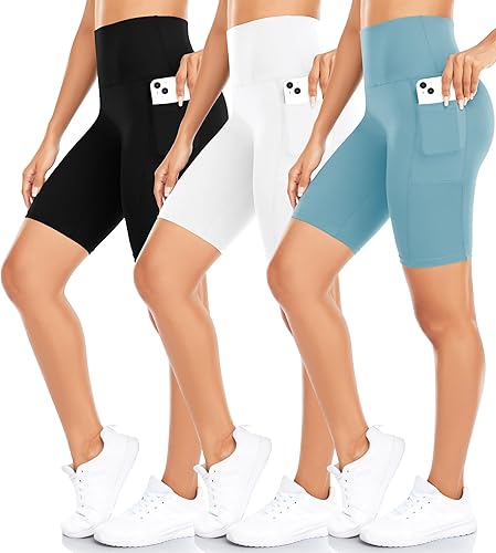 3 Pack Biker Shorts for Women with Pockets - 8" High Waisted Athletic Shorts for Workout Running Yoga Tummy Control
