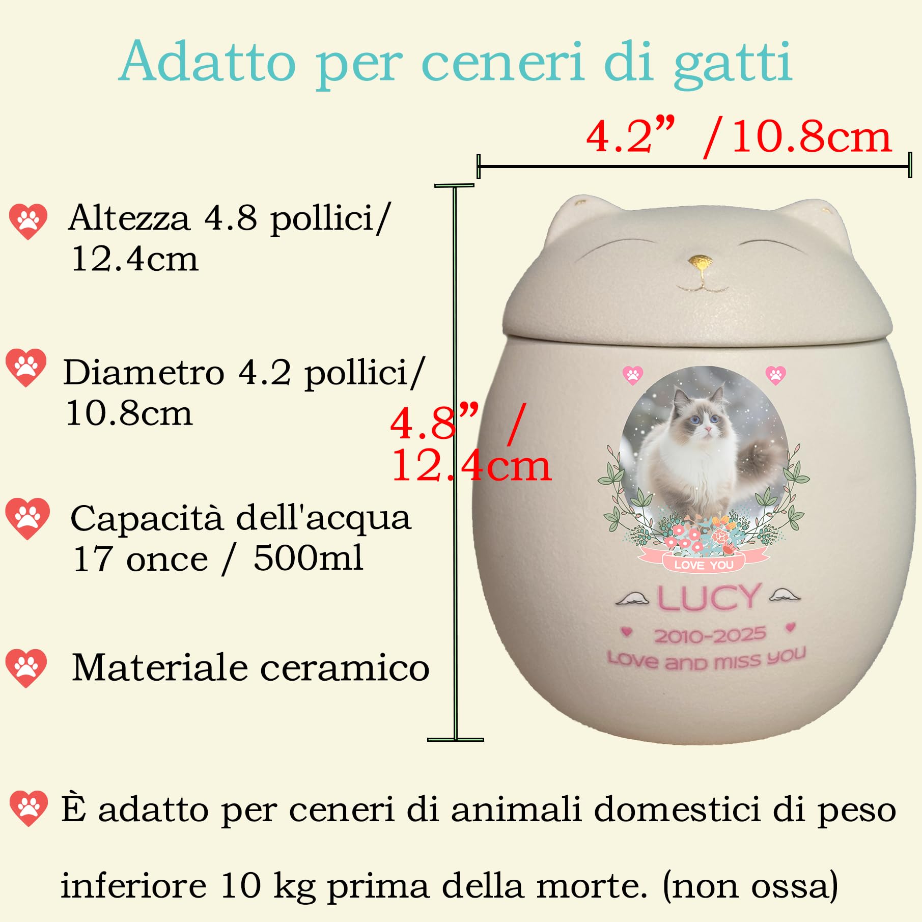 Urna per gatti,Urna per animali domestici per ceneri di gatti,Urna in ceramica,Fatto a mano,Urna per piccoli animali, (bianco)