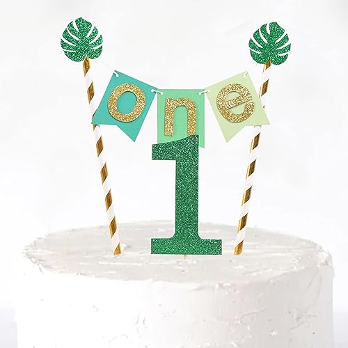Wild One Jungle Safari - Decoración para pastel de primer cumpleaños, purpurina dorada y verde, accesorios para tartas