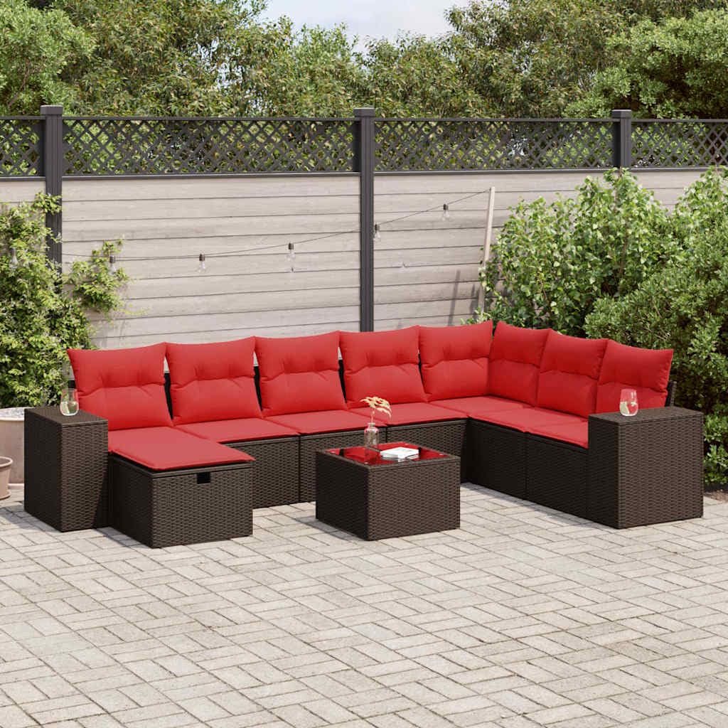 Set de sofás de jardín 9 Piezas ratán sintético marrón con Cojines desenfundables, Mesa, reposapiés con almacenaje, Ideal para terraza, Patio, balcón y Espacio Exterior de Descanso