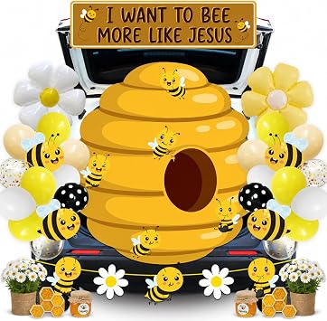 Bee Trunk Or Treat Car Decorations Kit, Bee Hive Halloween Trunk Or Treat Car Decoration includes Daisy Cutouts and Balloons Backdrop for Archway Suv Garage Door Indoor Decorations